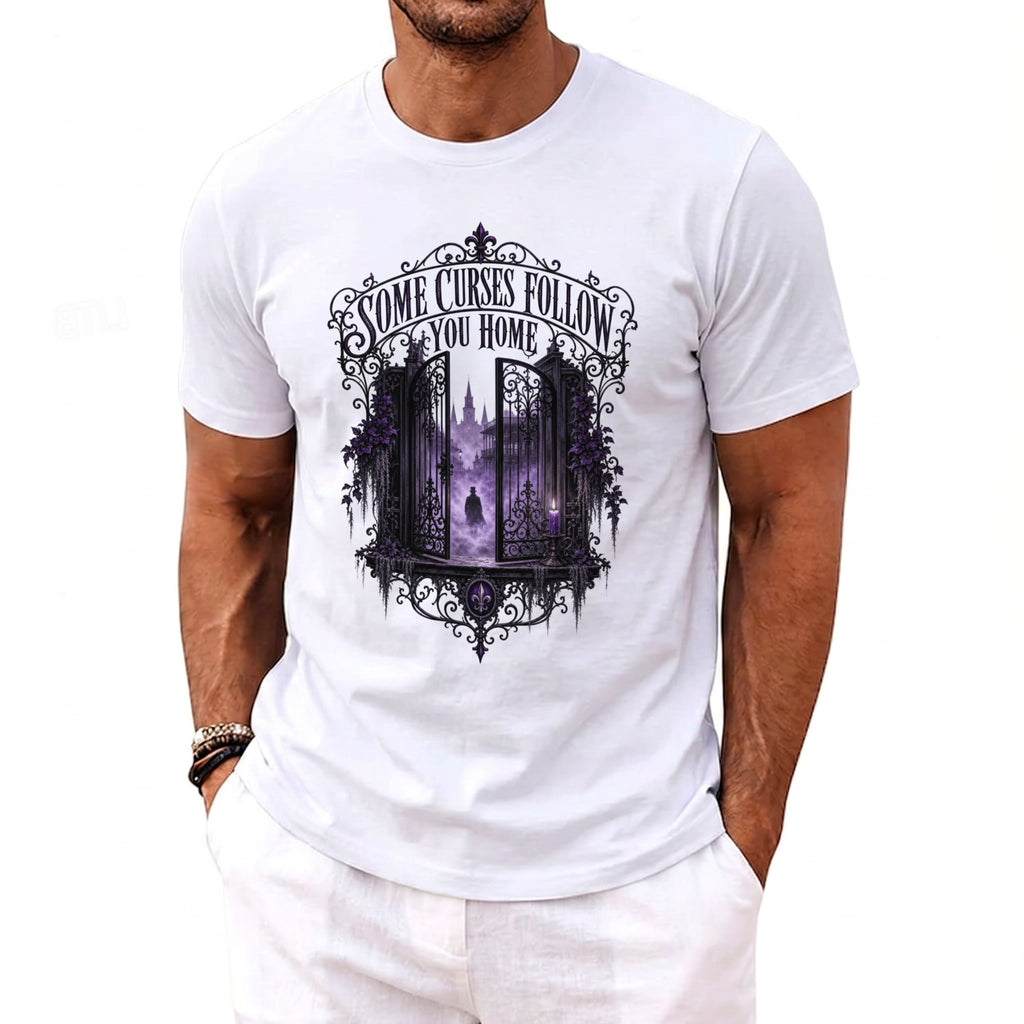 White t-shirt with "Some Curses Follow You Home" graphic of ornate gates and a figure.