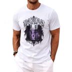 White t-shirt with "Some Curses Follow You Home" graphic of ornate gates and a figure.