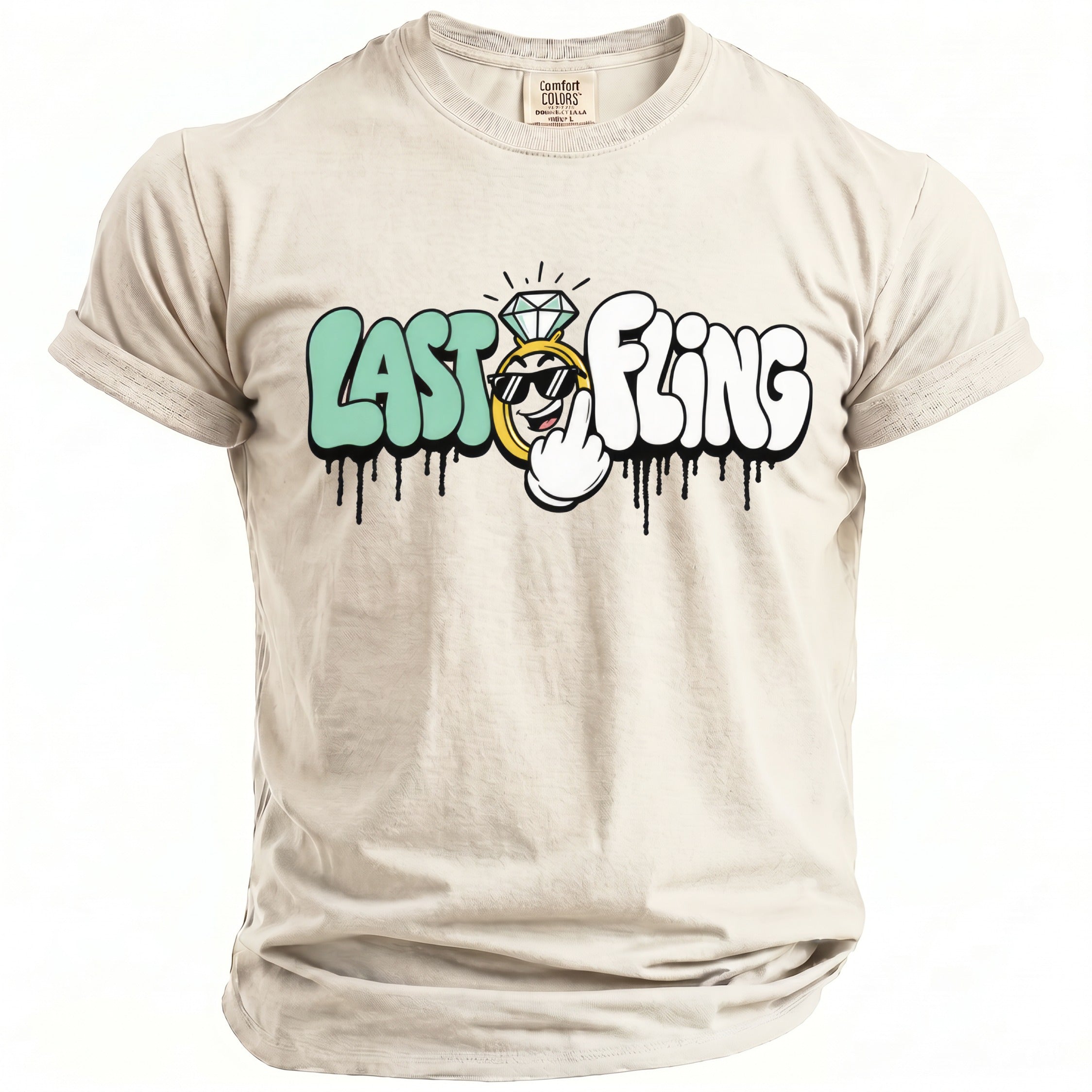 Tan t-shirt with "LAST FLING" graphic featuring a diamond ring and cartoon hand.
