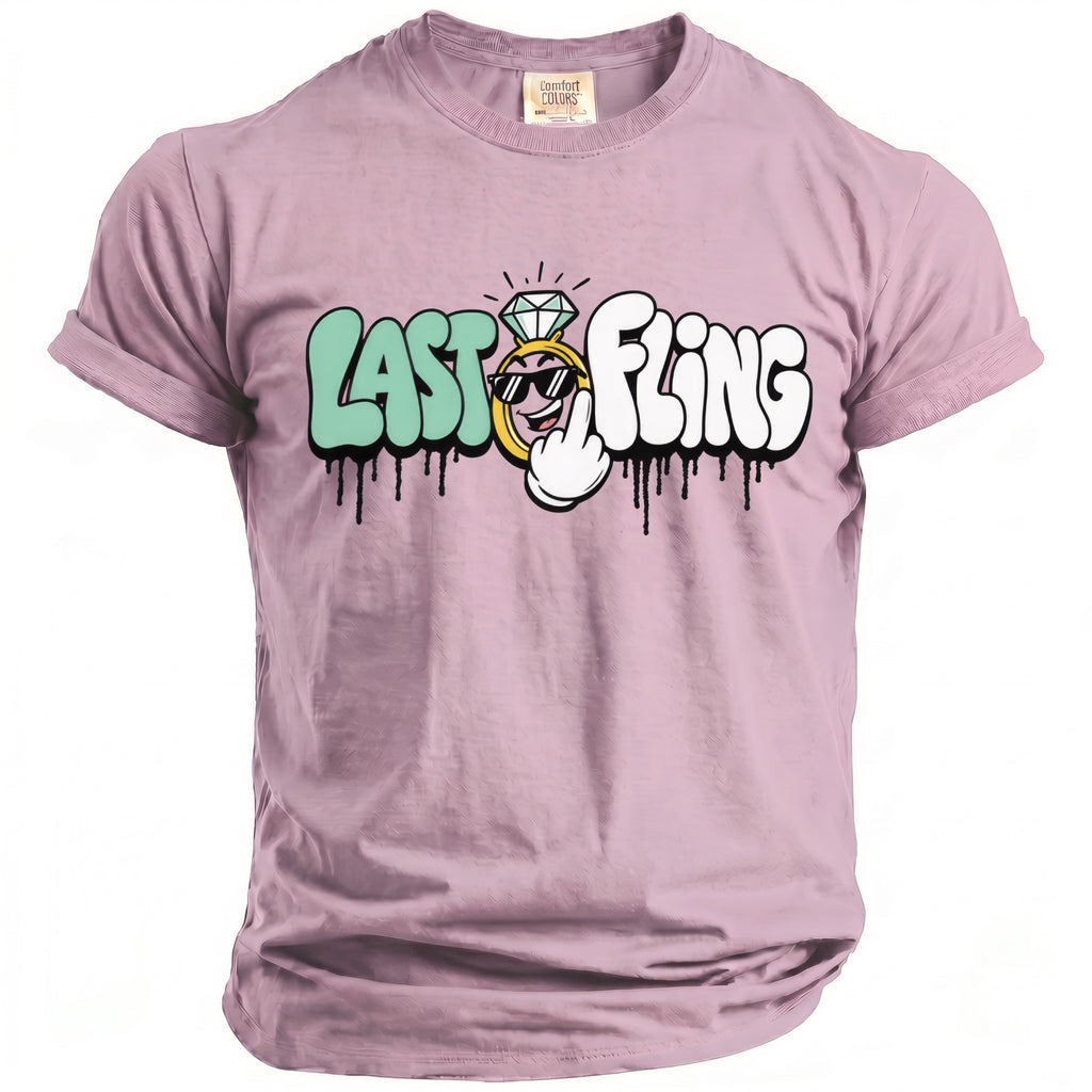 Pink t-shirt with "Last Fling" text and a diamond ring graphic.