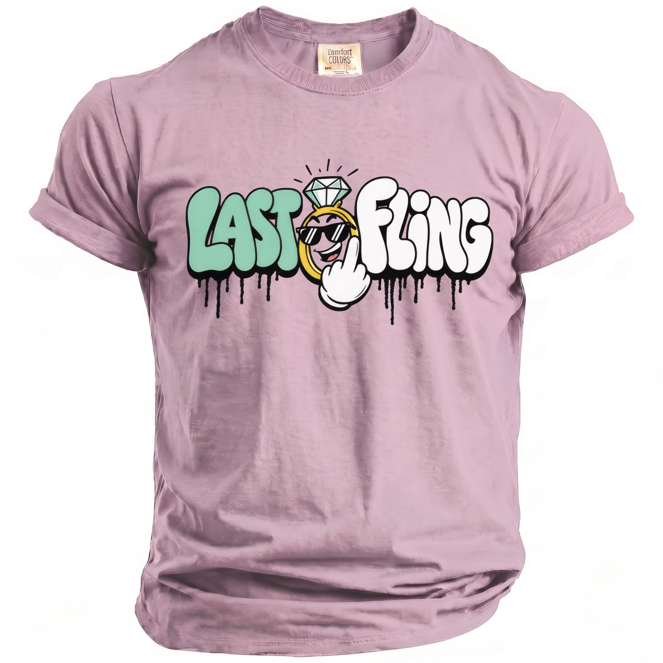 Pink t-shirt with "Last Fling" text and a diamond ring graphic.