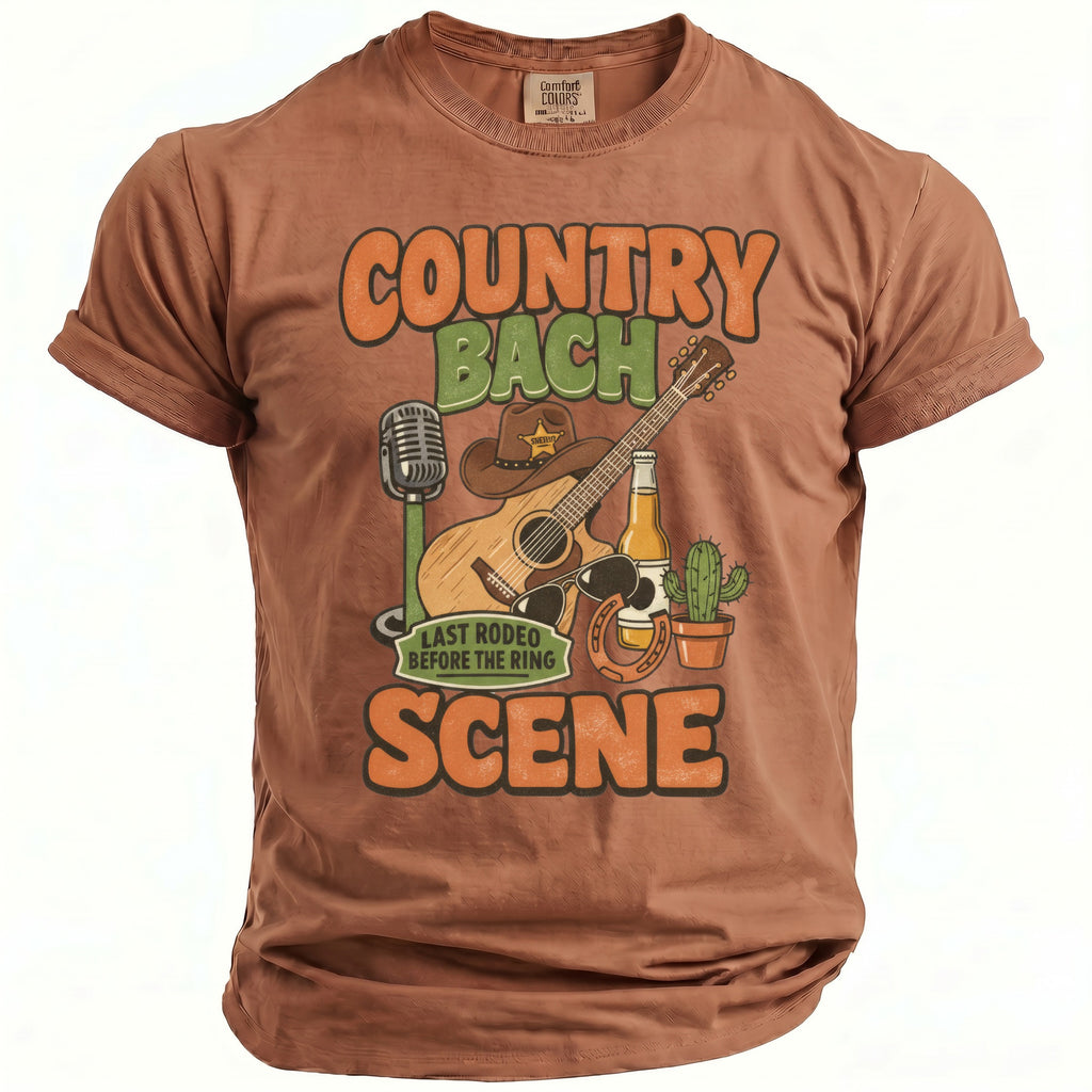 Brown t-shirt with "COUNTRY BACH LAST RODEO BEFORE THE RING SCENE" graphic.