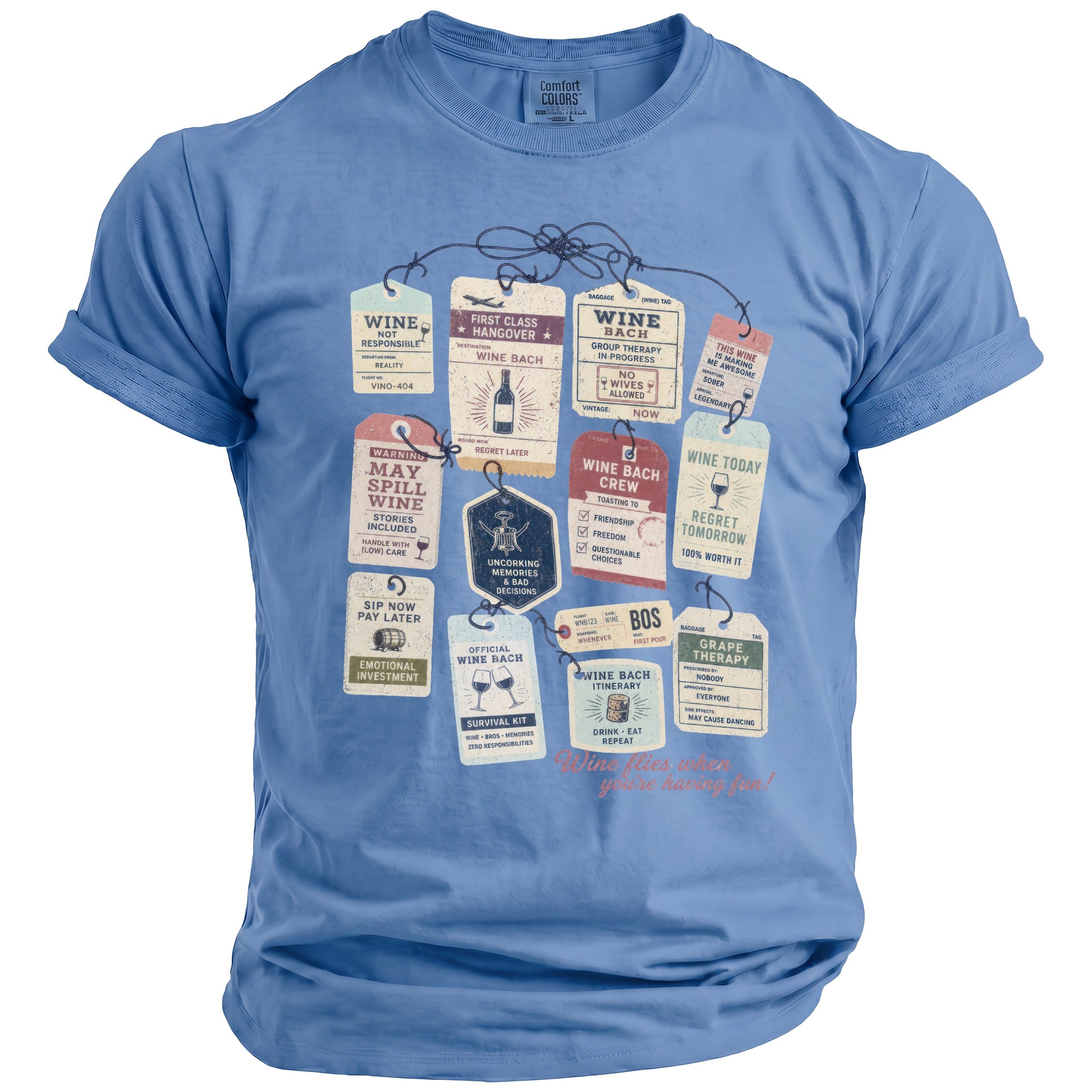 Blue t-shirt with a graphic of vintage luggage tags related to wine.