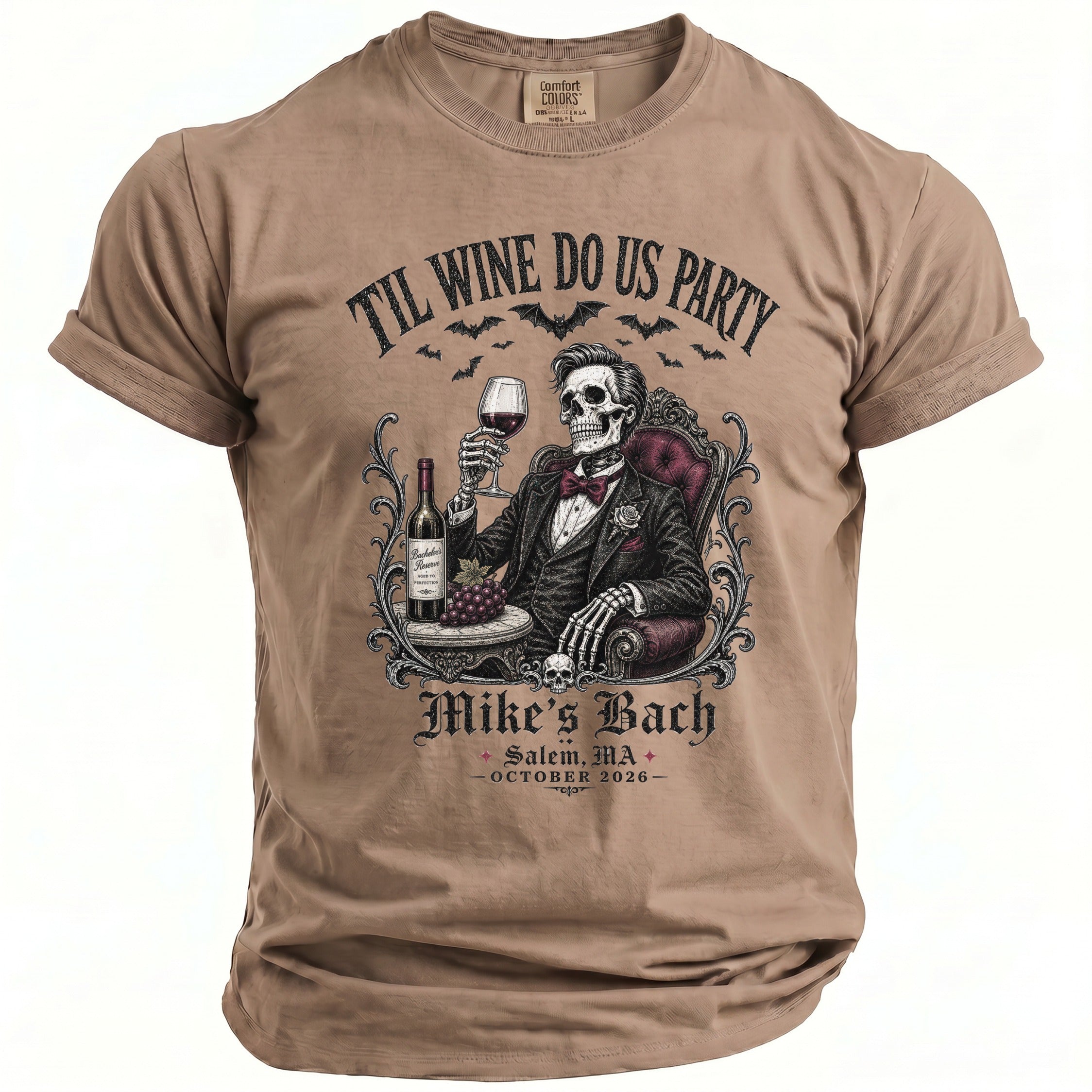 Skeleton in suit holding wine, text "Til Wine Do Us Party Mike's Bach October 2026".