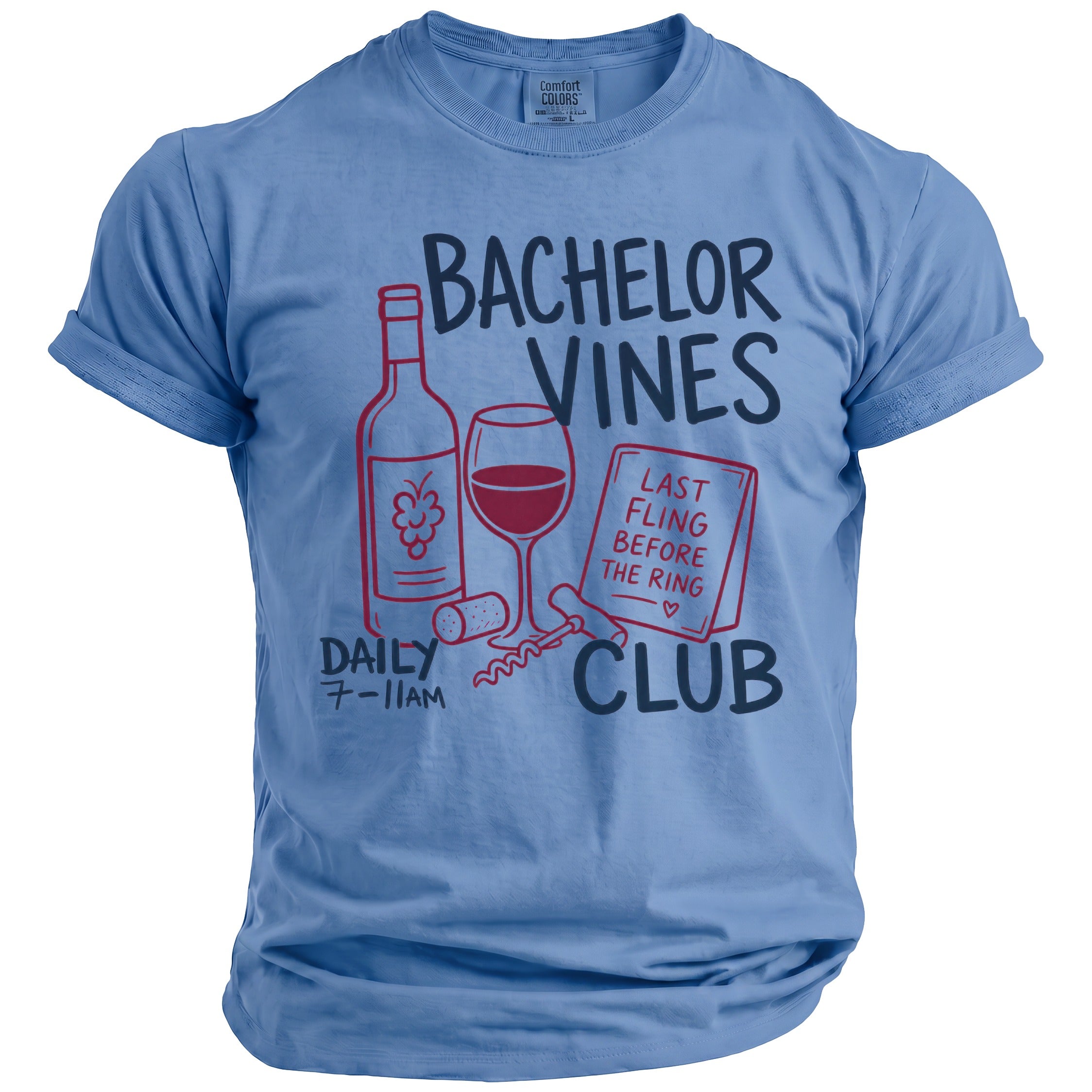 Bachelor Vines Club t-shirt with wine bottle, glass, corkscrew, and text.