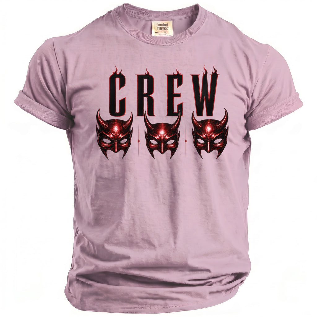 Pink t-shirt with "CREW" text and three red devil masks.