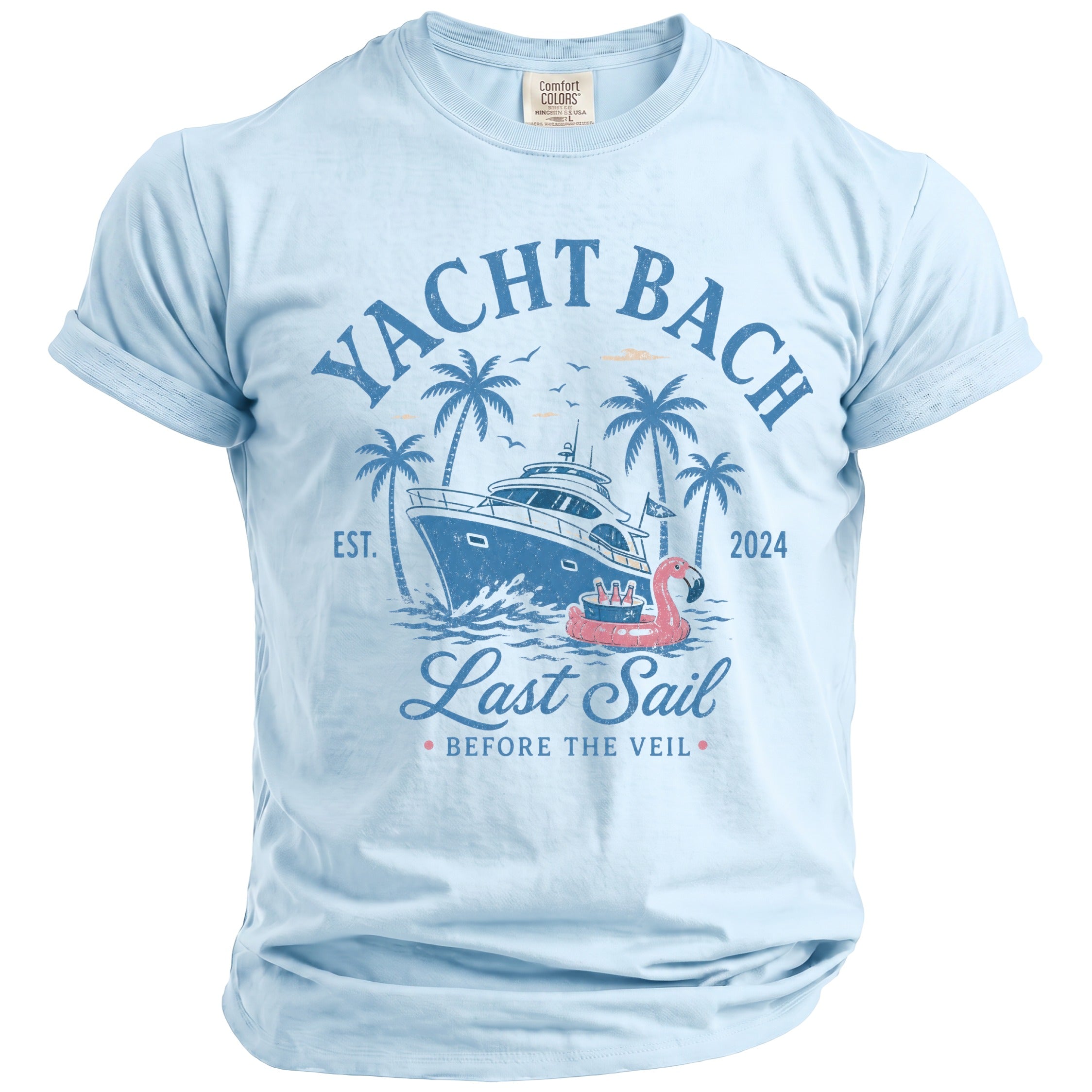 Light blue t-shirt with "Yacht Bach Last Sail Before The Veil" graphic.