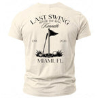 Cream t-shirt with "Last Swing B4 the Ring Kenneth" and golf graphics.
