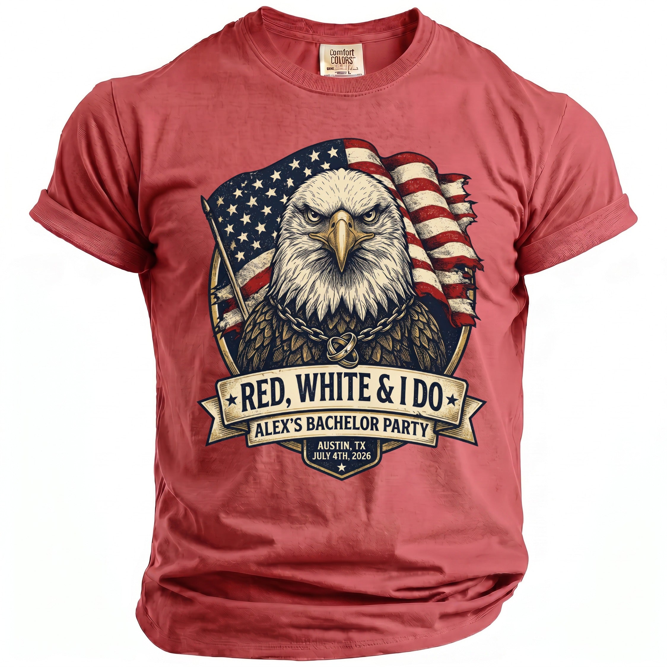 Red t-shirt with an eagle, US flag, and text "Red, White & I Do Alex's Bachelor Party".