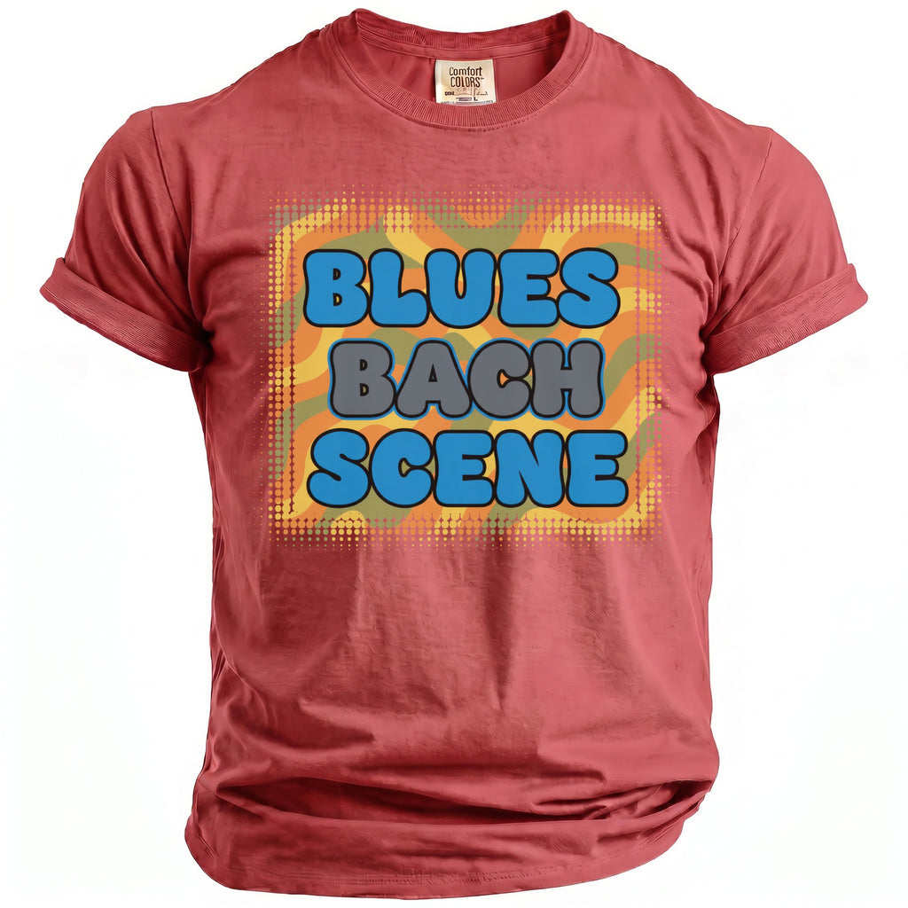 Red t-shirt with "BLUES BACH SCENE" text in blue and gray bubble letters.