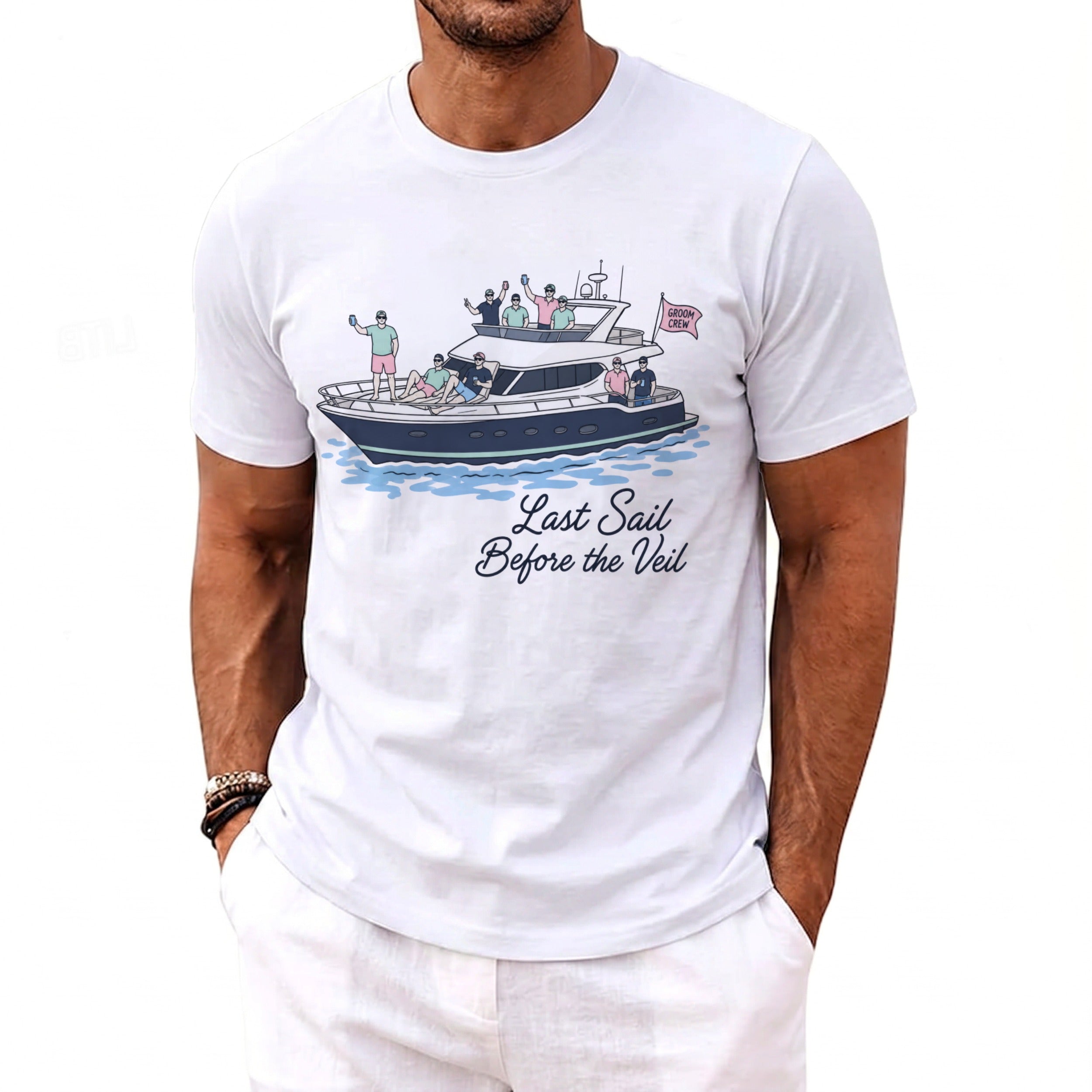White t-shirt with a graphic of a yacht and men, reading "Last Sail Before the Veil."