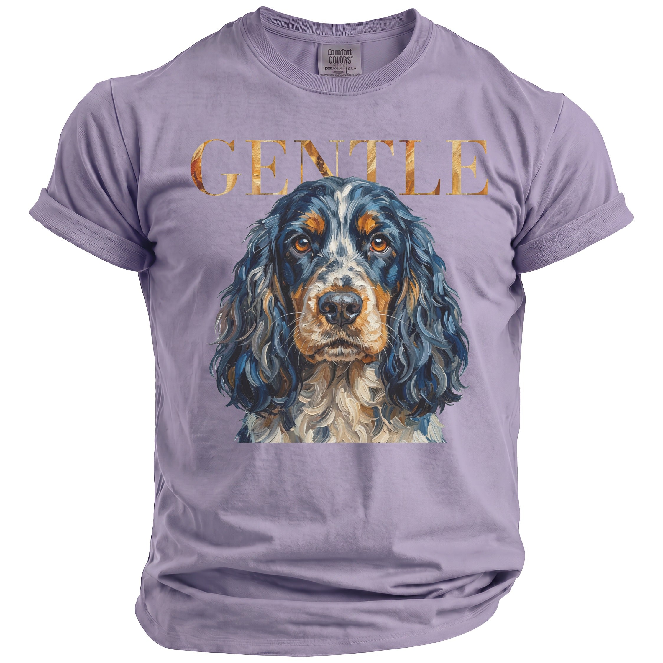 Lavender t-shirt with "GENTLE" text and a painted dog portrait.