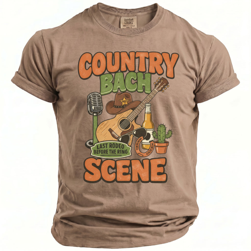 T-shirt graphic with country-themed elements and text: "Country Bach", "Last Rodeo Before the Ring", "Scene".