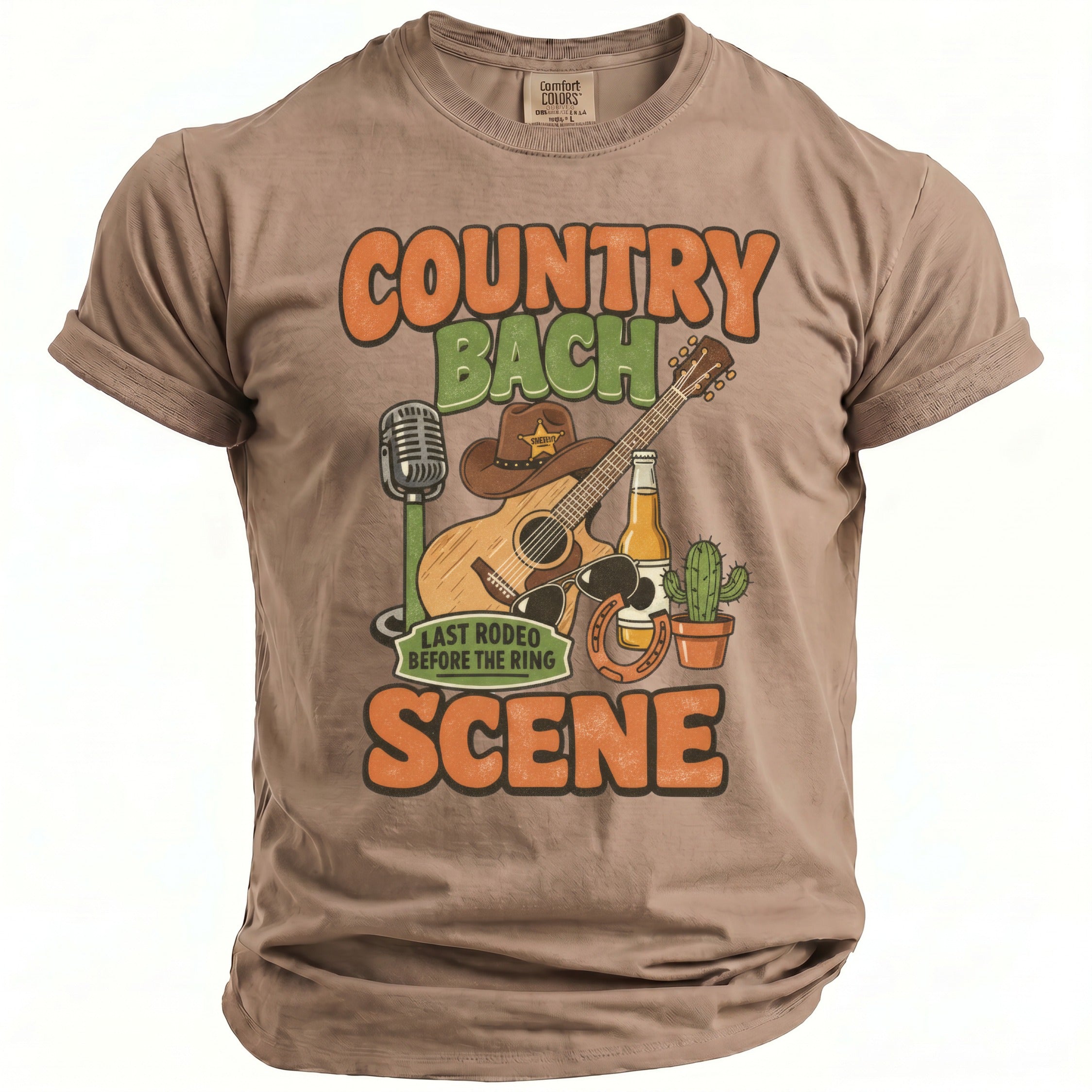 T-shirt graphic with country-themed elements and text: "Country Bach", "Last Rodeo Before the Ring", "Scene".