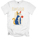 White t-shirt with abstract cat art and text "Pawcasso" and "Portrait of a cat with two good sides".