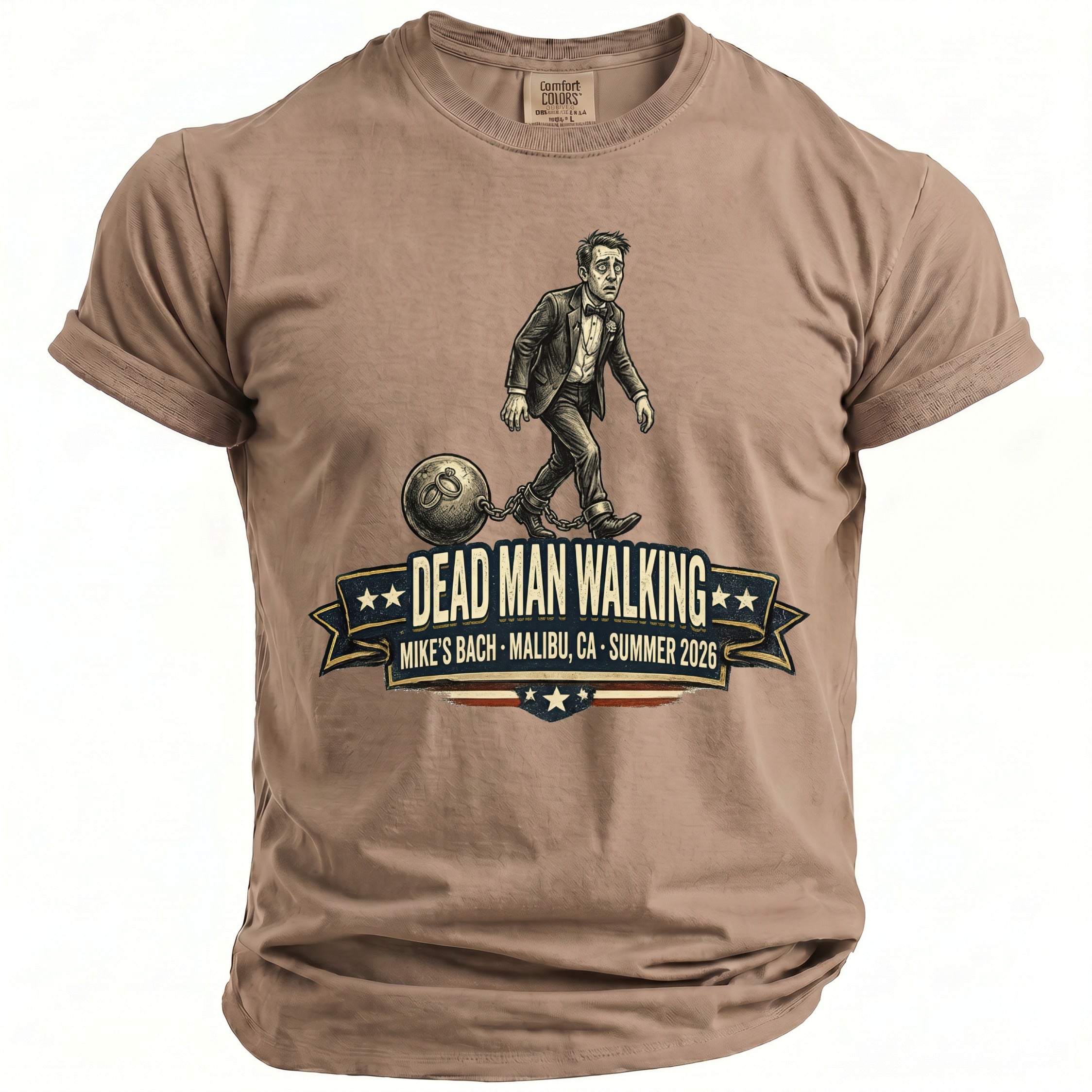 T-shirt with "Dead Man Walking" graphic and "Mike's Bach Malibu CA Summer 2026" text.
