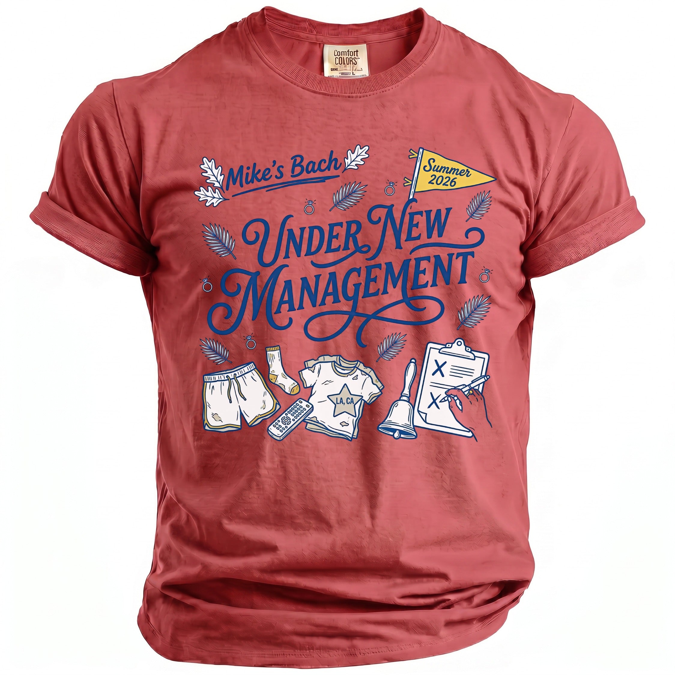T-shirt graphic: "Mike's Bach", "Summer 2026", "Under New Management", shorts, shirt, ring.