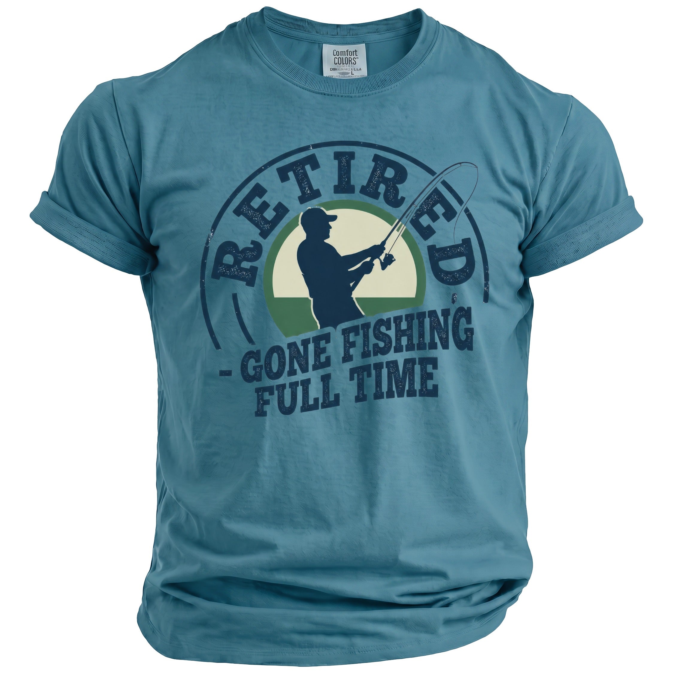 Blue t-shirt with "Retired - Gone Fishing Full Time" graphic.