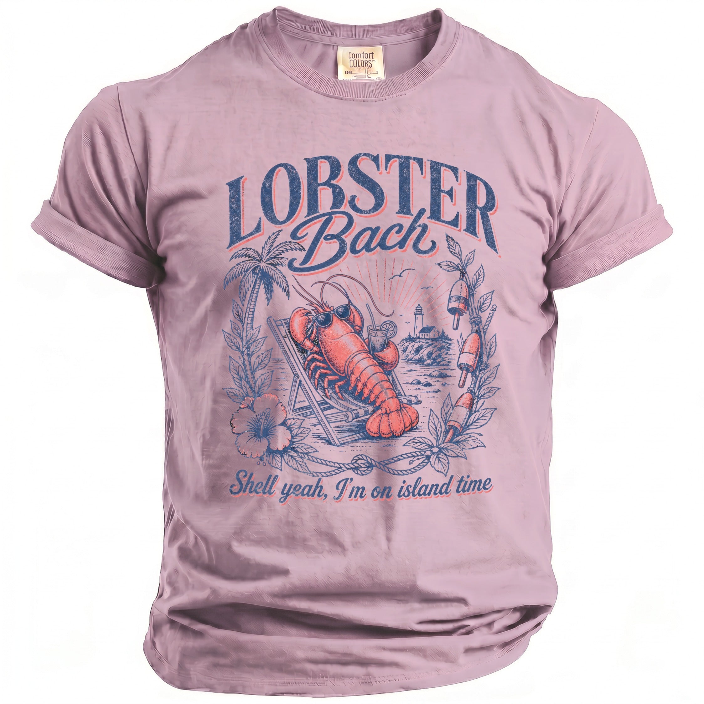 Pink t-shirt with a lobster lounging on a beach chair, "LOBSTER Back" text, and "Shell yeah, I'm on island time."