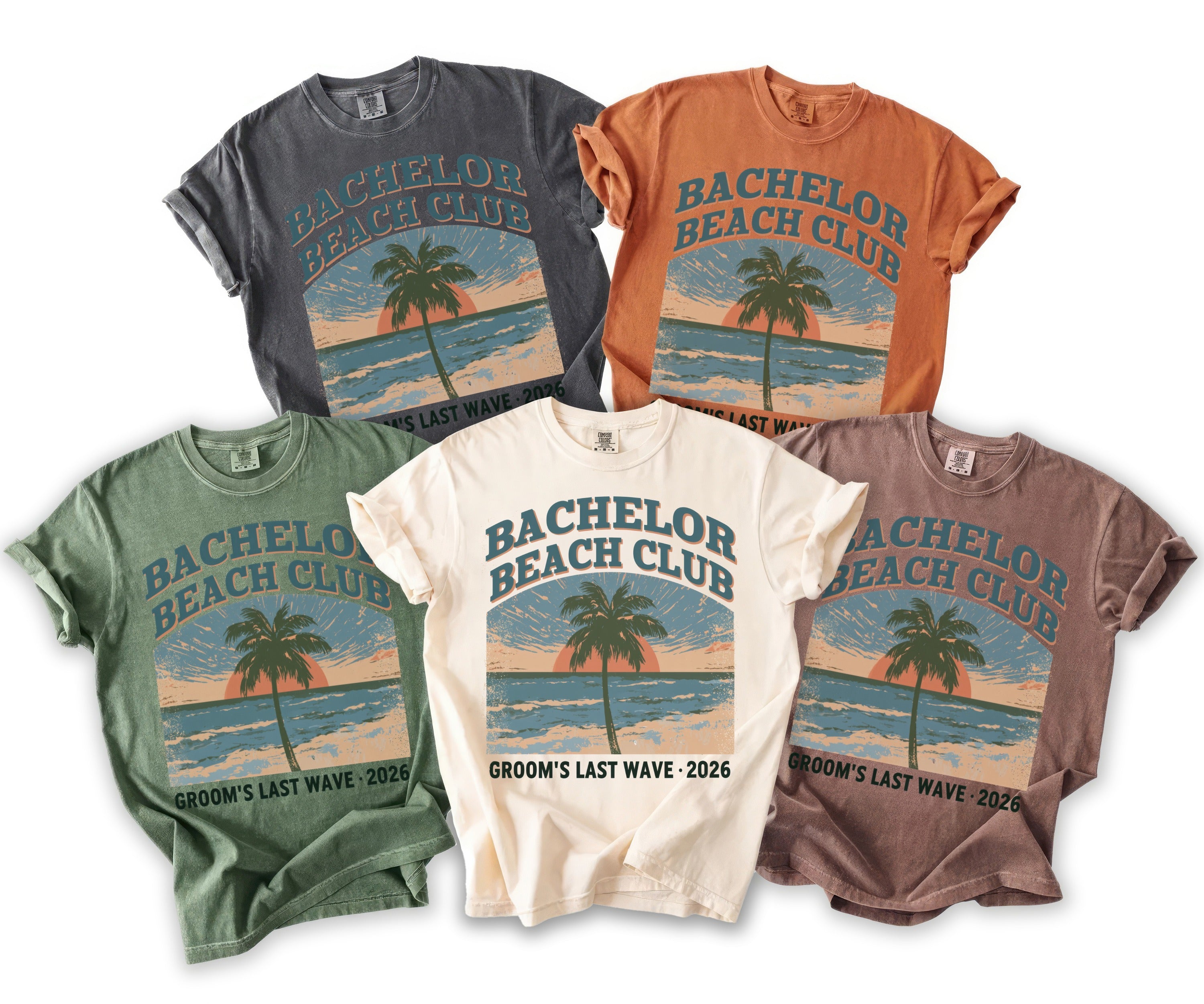 T-shirts feature "Bachelor Beach Club" graphic with palm tree and ocean sunset.