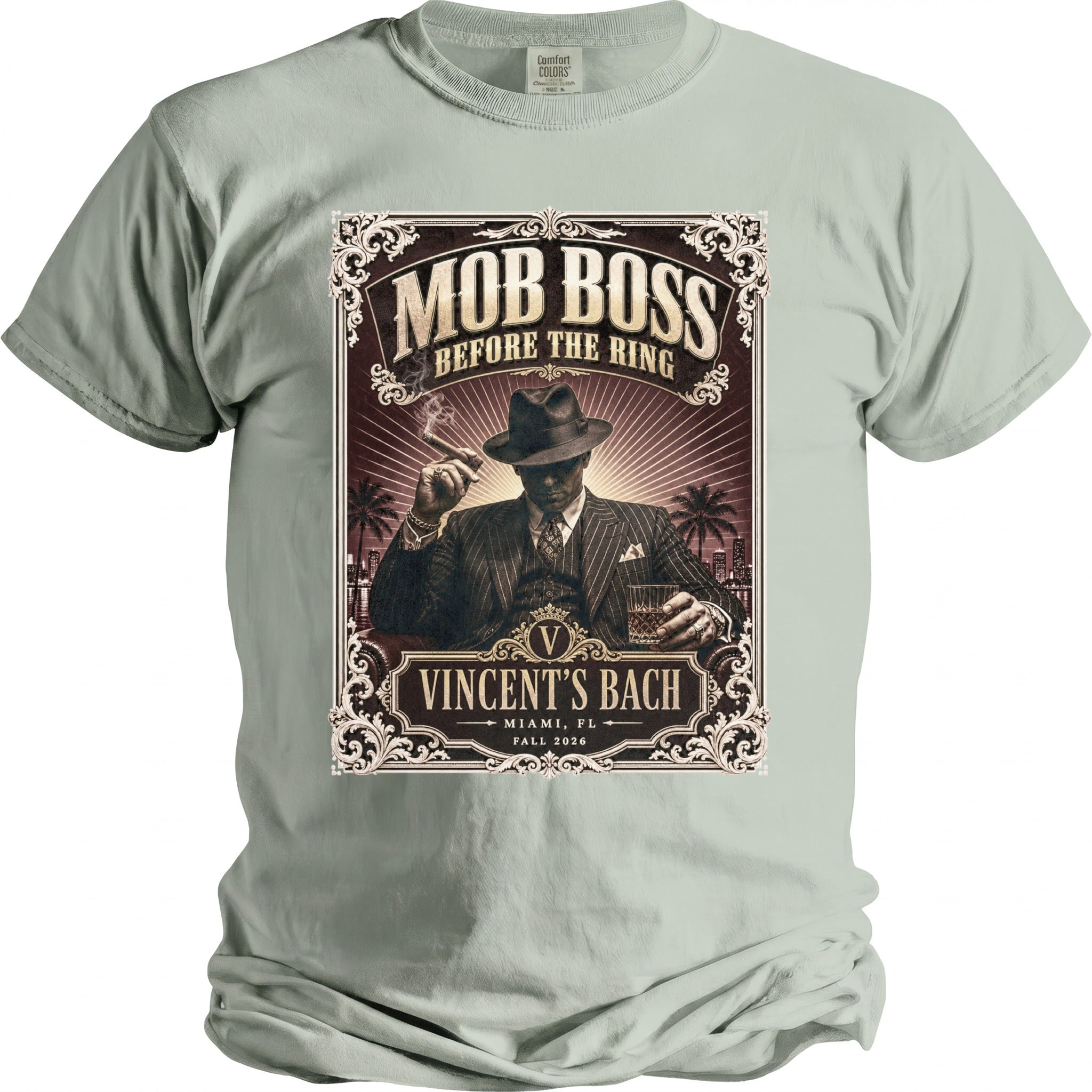 T-shirt with "Mob Boss Before The Ring" and "Vincent's Bach" graphics.