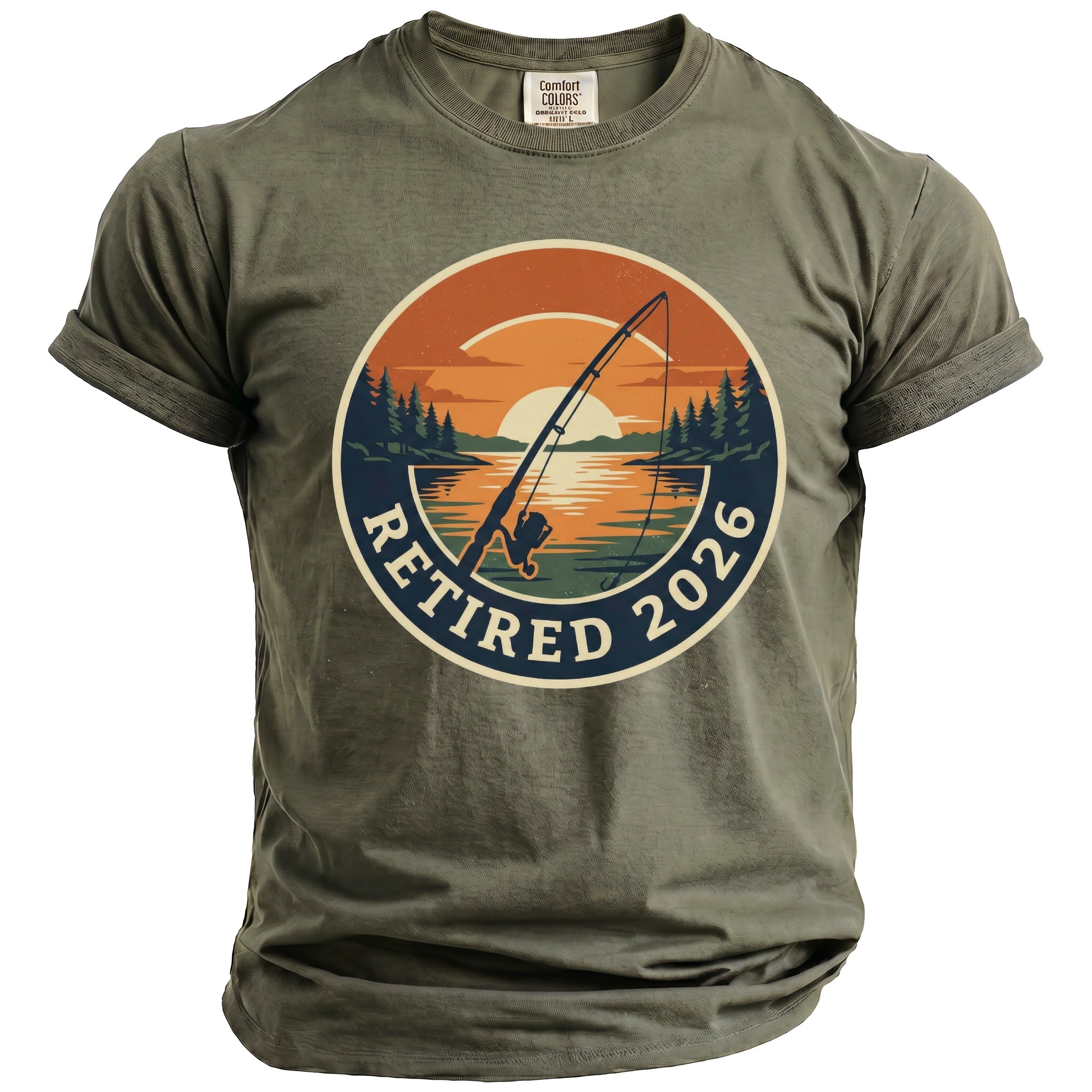 Olive green t-shirt with a circular graphic featuring a fishing rod at sunset.