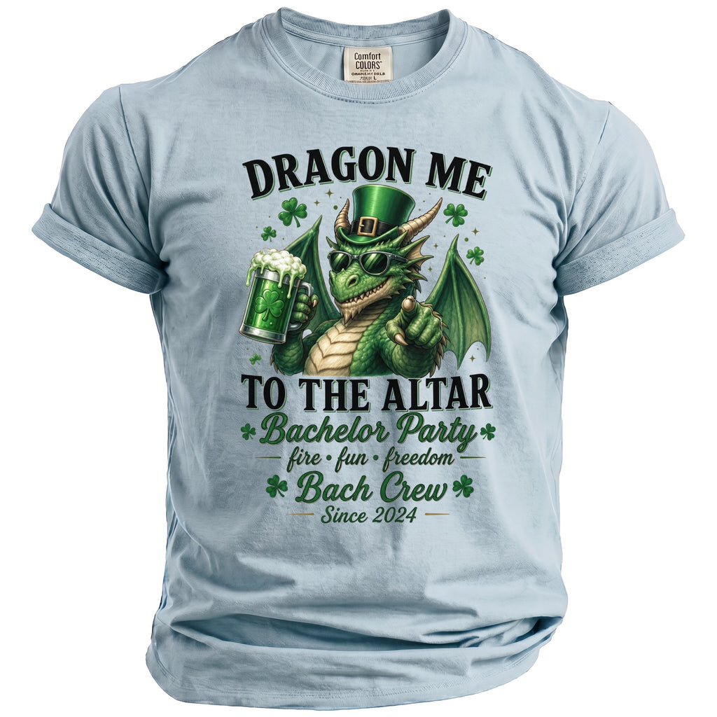 Dragon holding beer in green hat; "Dragon Me To The Altar Bachelor Party" text.