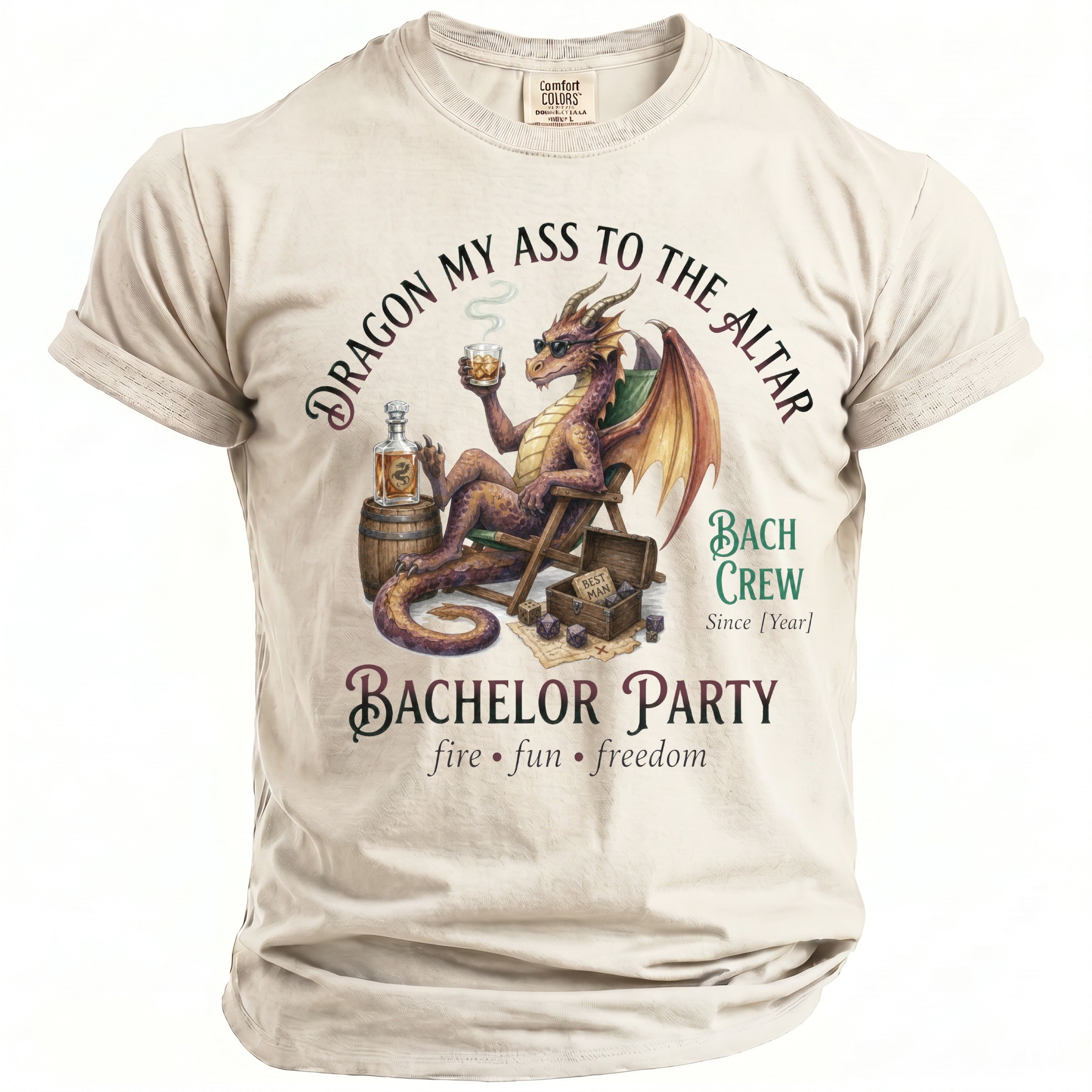 Dragon with whiskey and dice on t-shirt: "Dragon my ass to the altar".
