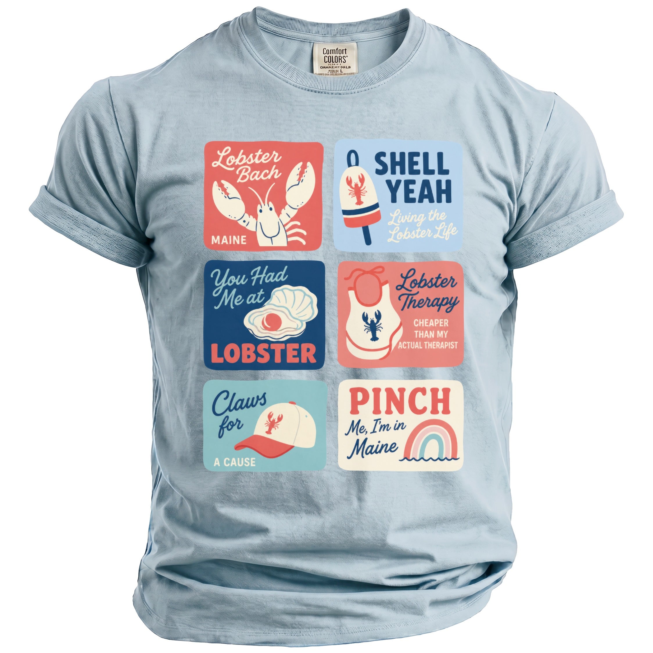Light blue t-shirt with six square graphics featuring lobster-themed Maine puns and illustrations.