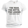 White t-shirt with "The Man, The Myth, The Legend (Who Needs a Nap)" text.