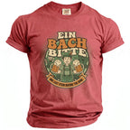 Red t-shirt with graphic of man holding beer mugs, text "Ein Bach Bitte" and "One Last Stein Before The Ring".