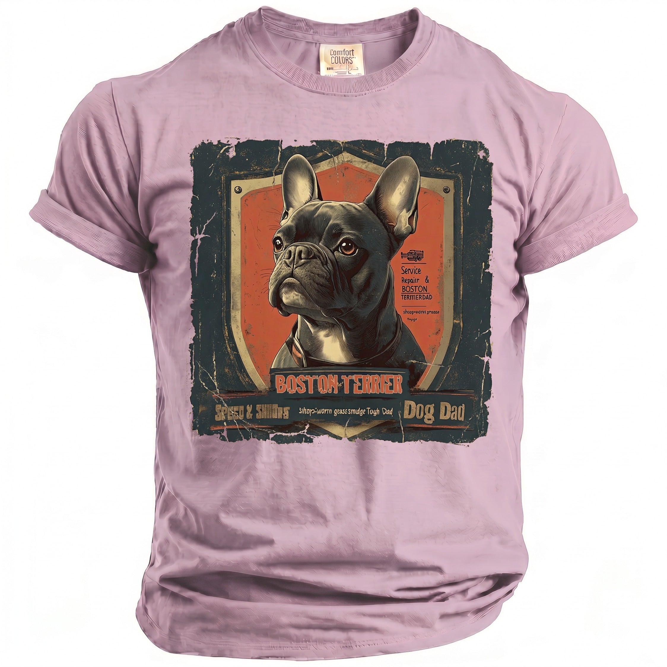Boston Terrier graphic on a pink t-shirt with distressed elements and text.