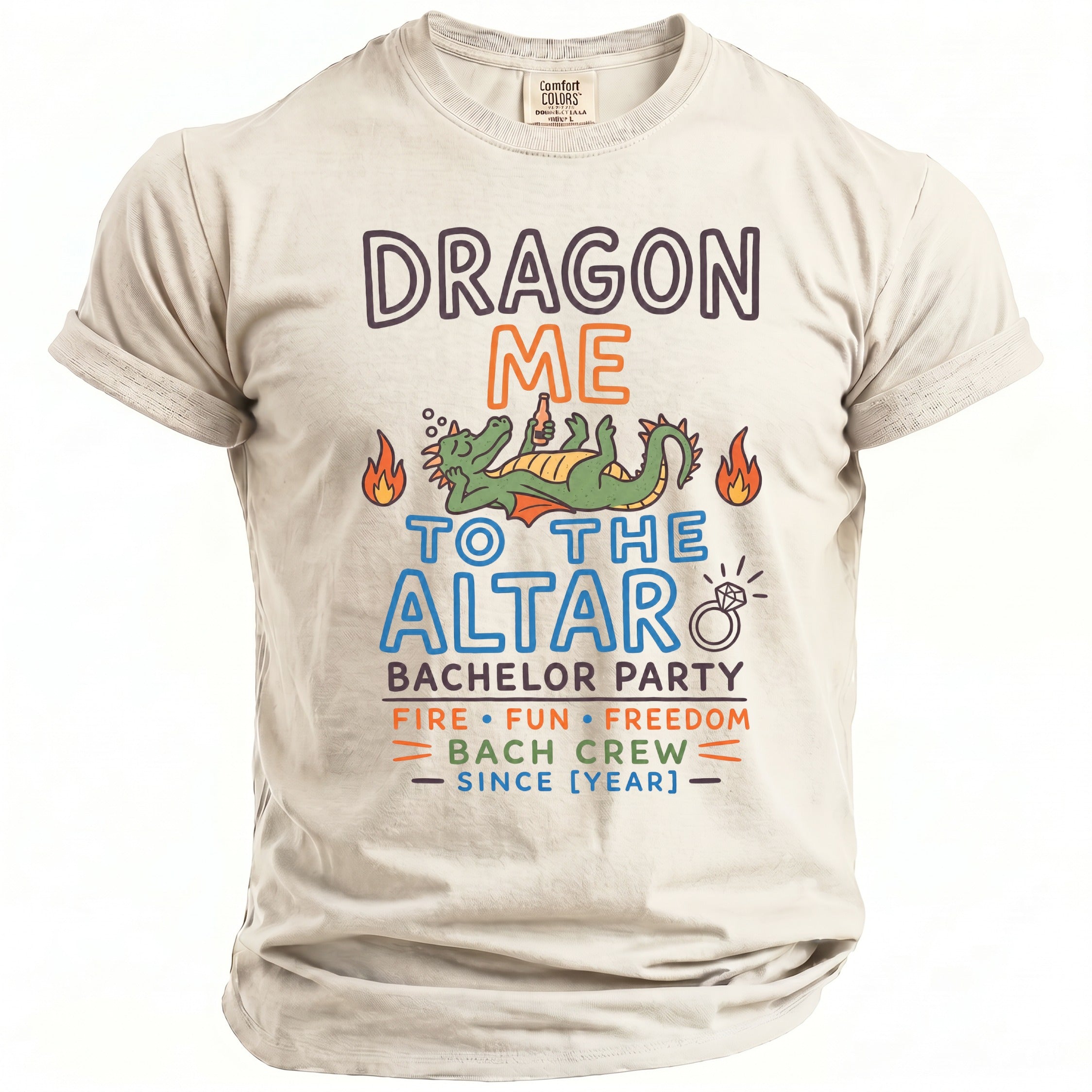 Light tan t-shirt with "Dragon Me to the Altar" and bachelor party graphics.