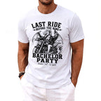 White t-shirt with black print of dragon riding a motorcycle, "Last Ride Before the Ring Bachelor Party".
