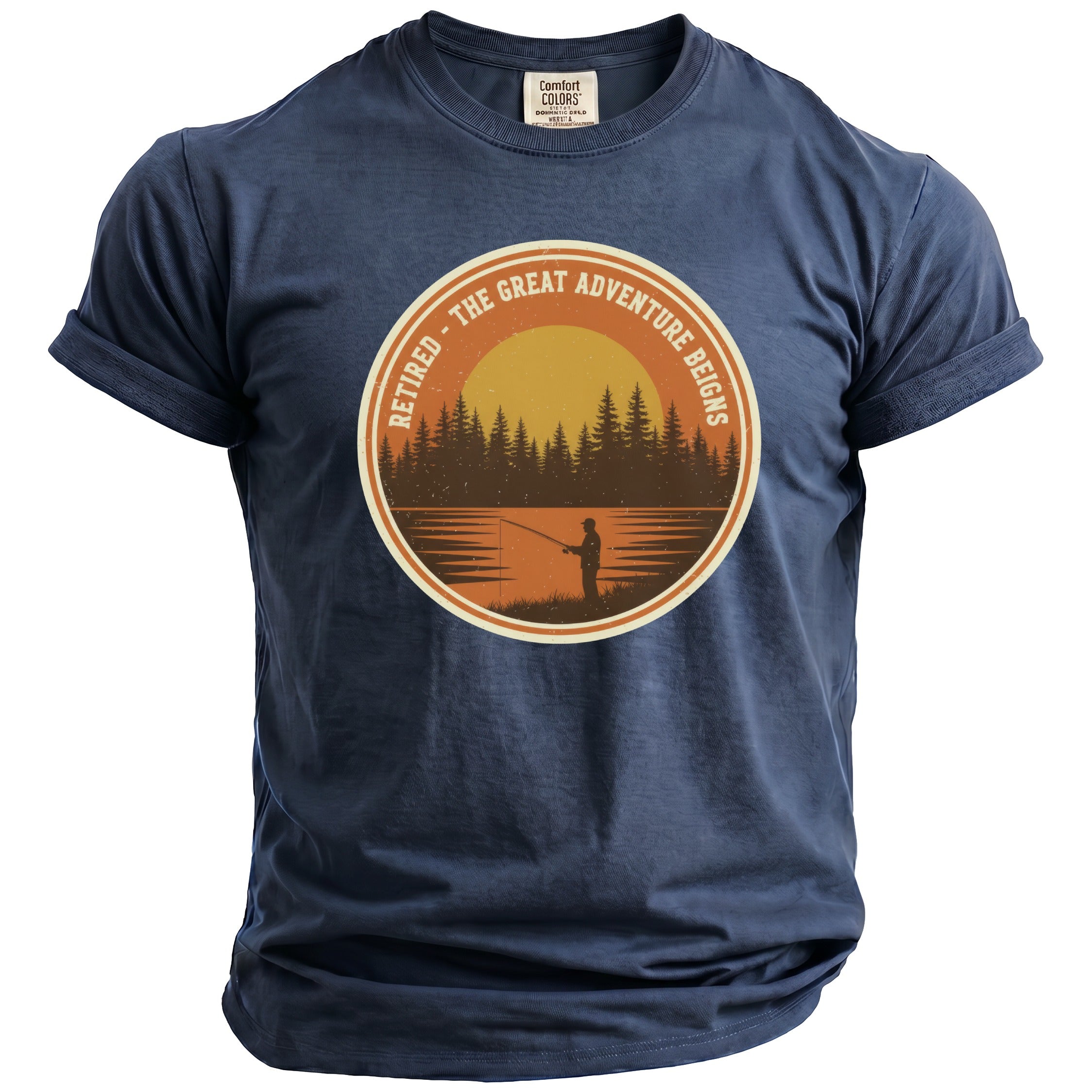 Navy t-shirt with circular graphic of a sunset fishing scene and text "Retired - The Great Adventure Beigns".