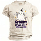 T-shirt with ghost graphic and text "Spooky Booze Crew Tyler's Bachelor Bash."