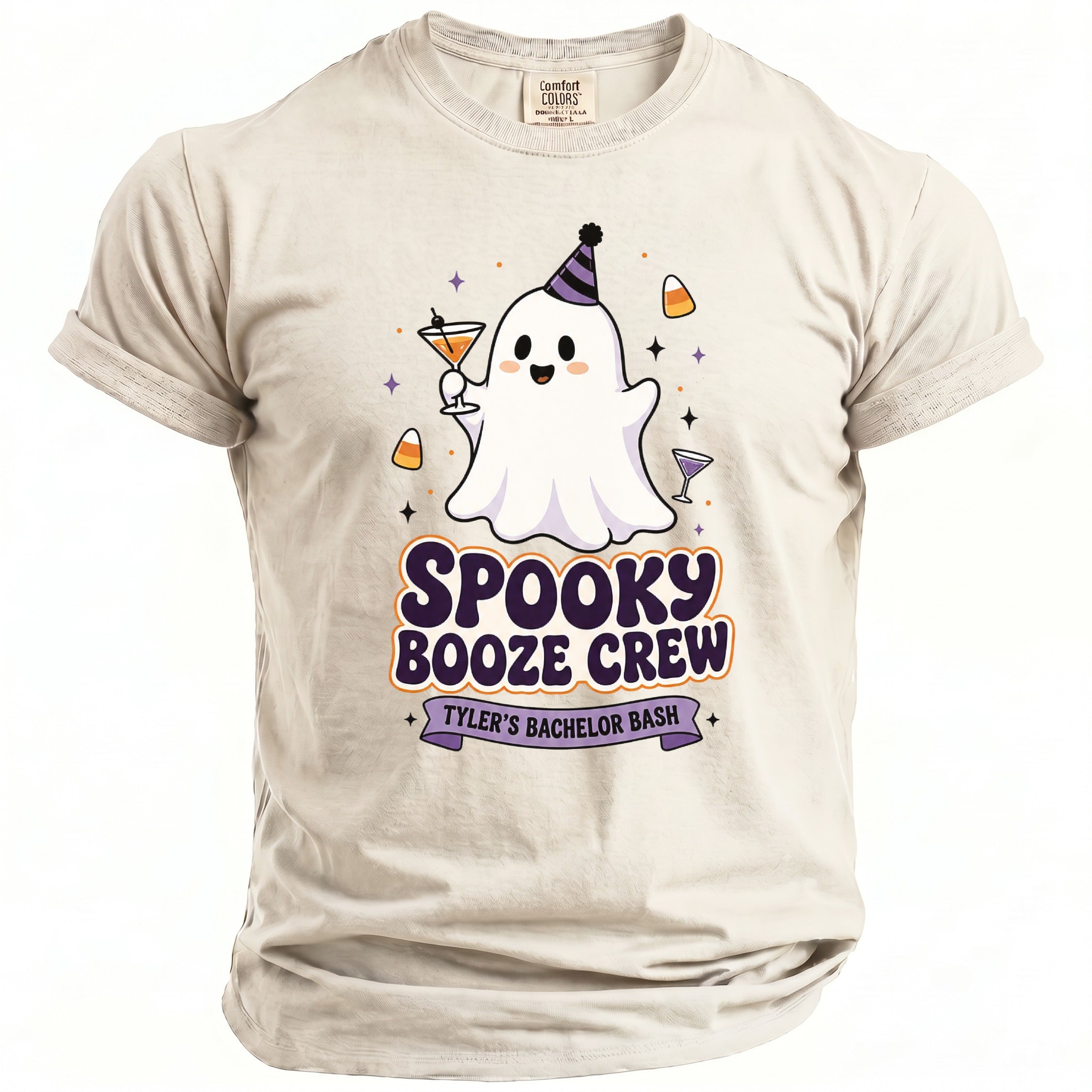 T-shirt with ghost graphic and text "Spooky Booze Crew Tyler's Bachelor Bash."