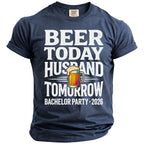 Navy t-shirt with white text "Beer Today Husband Tomorrow Bachelor Party 2026".