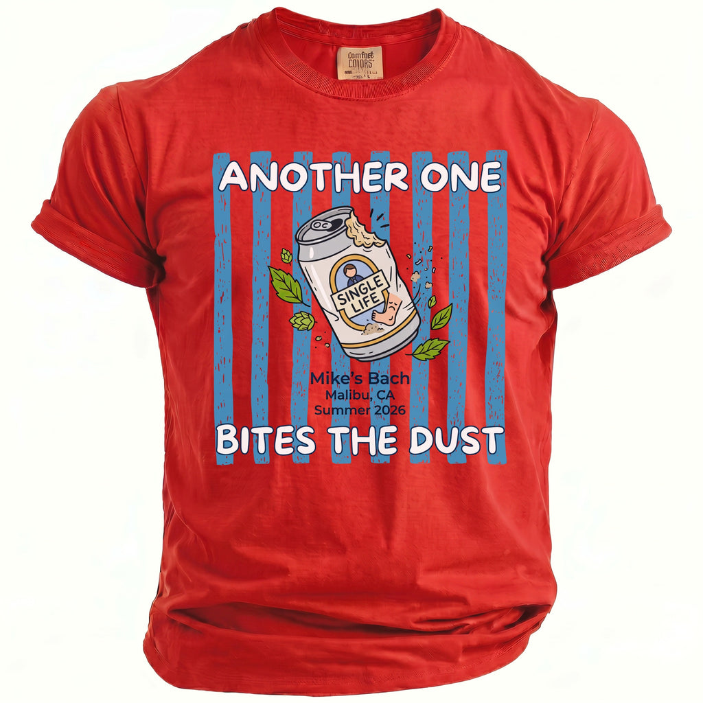 Red t-shirt with "Another One Bites The Dust" graphic and beer can.