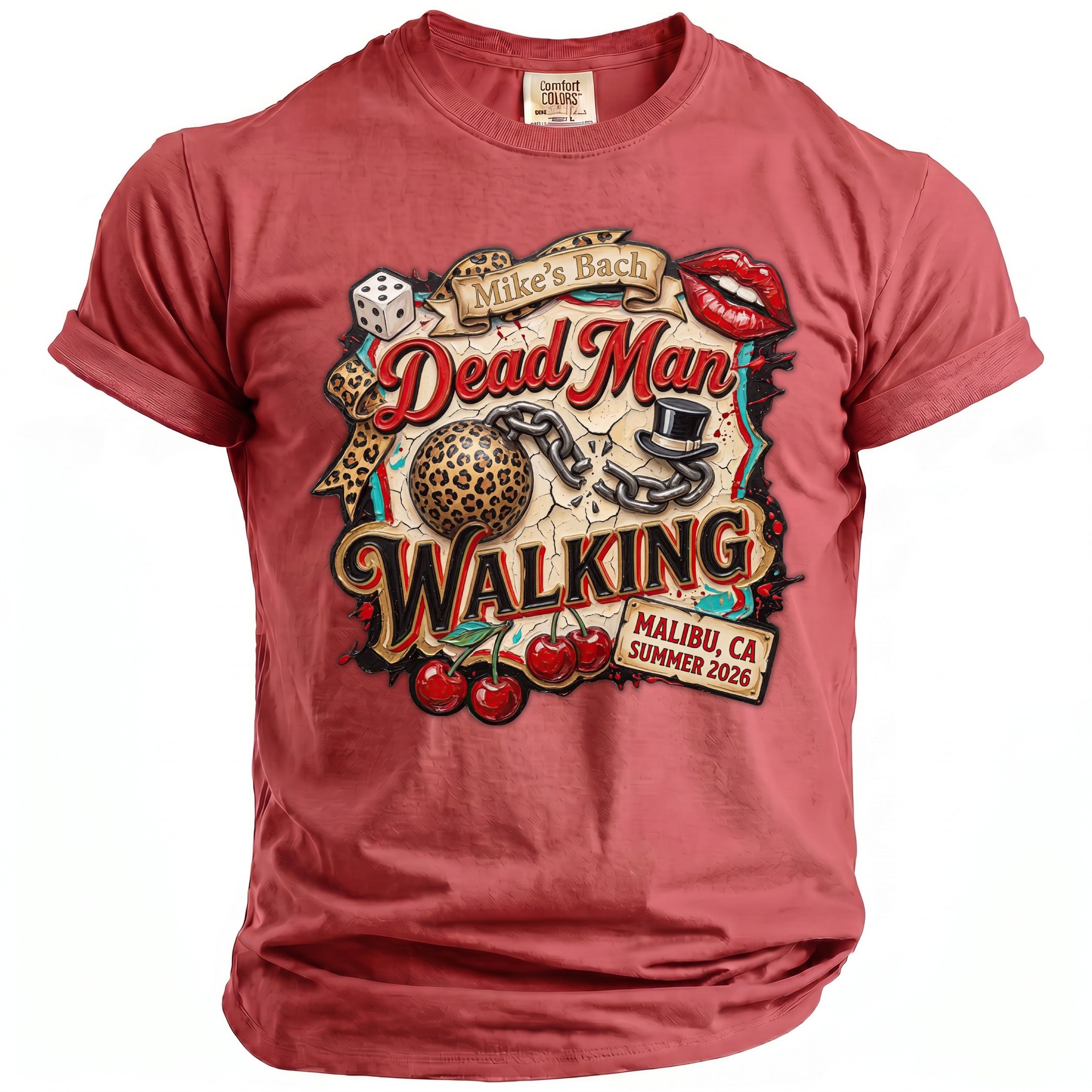 Red t-shirt with "Dead Man Walking" graphic, Malibu, CA Summer 2026.