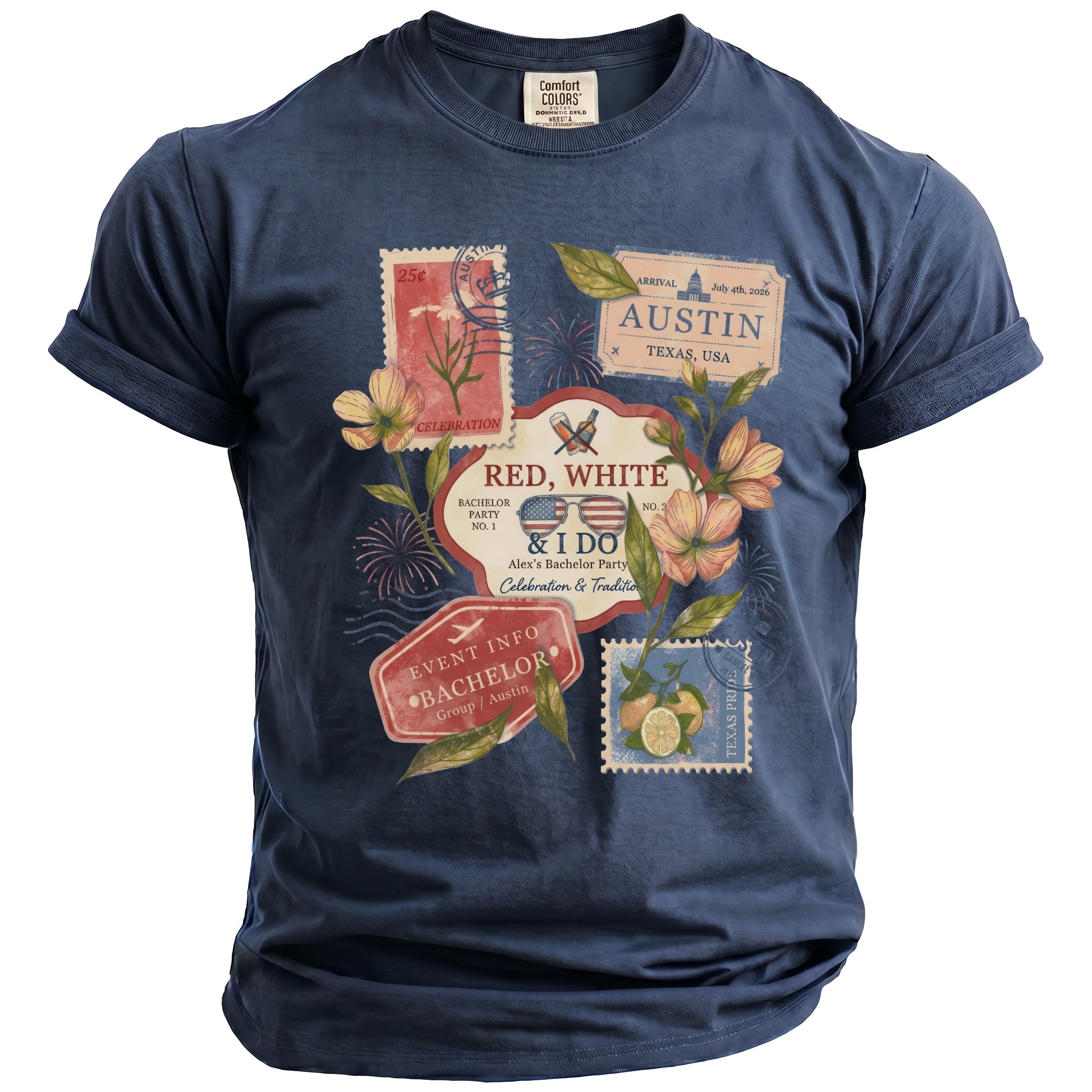 Navy t-shirt with a graphic featuring "Red, White & I Do" and Austin bachelor party details.