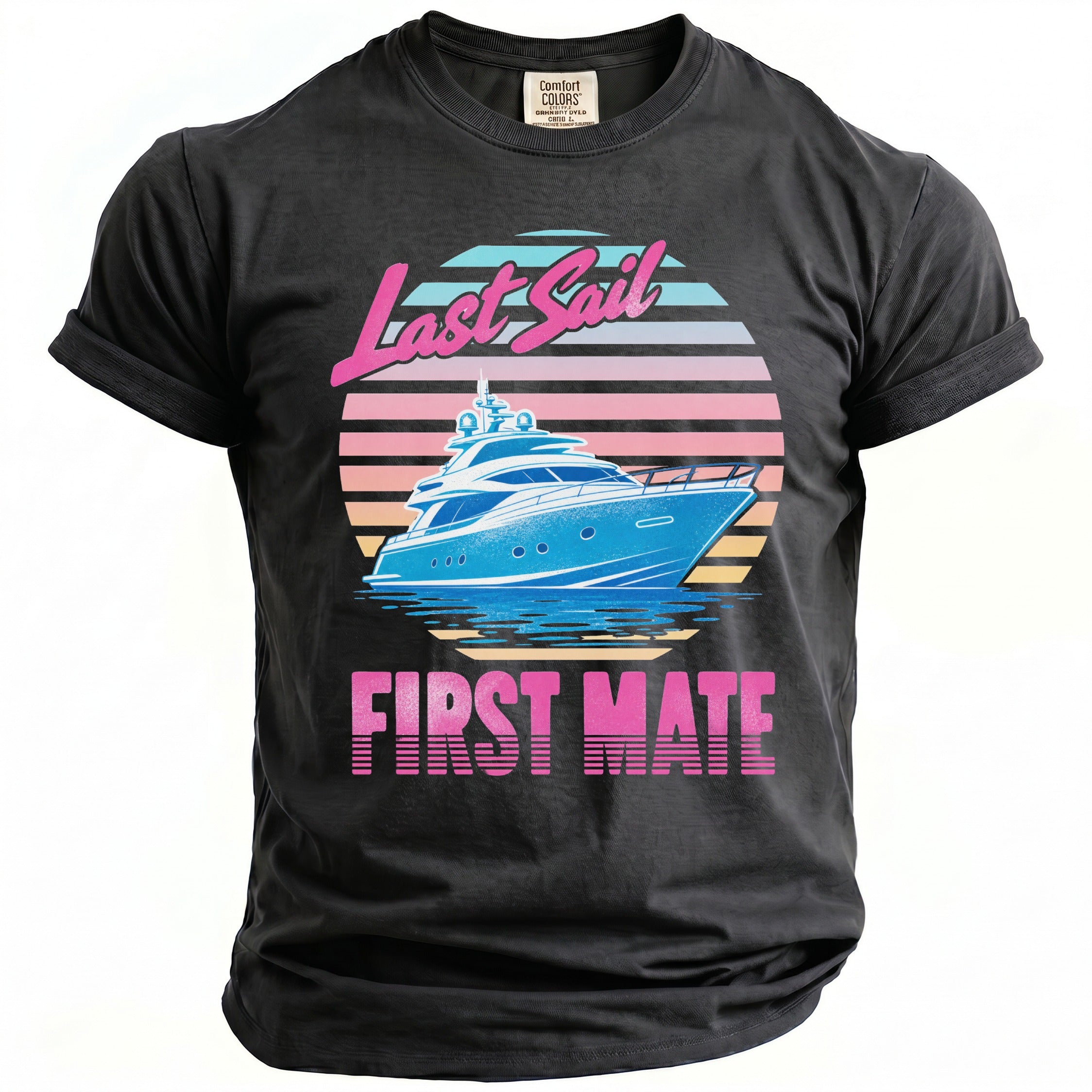 A charcoal t-shirt featuring a retro graphic of a yacht with the text Last Sail First Mate.