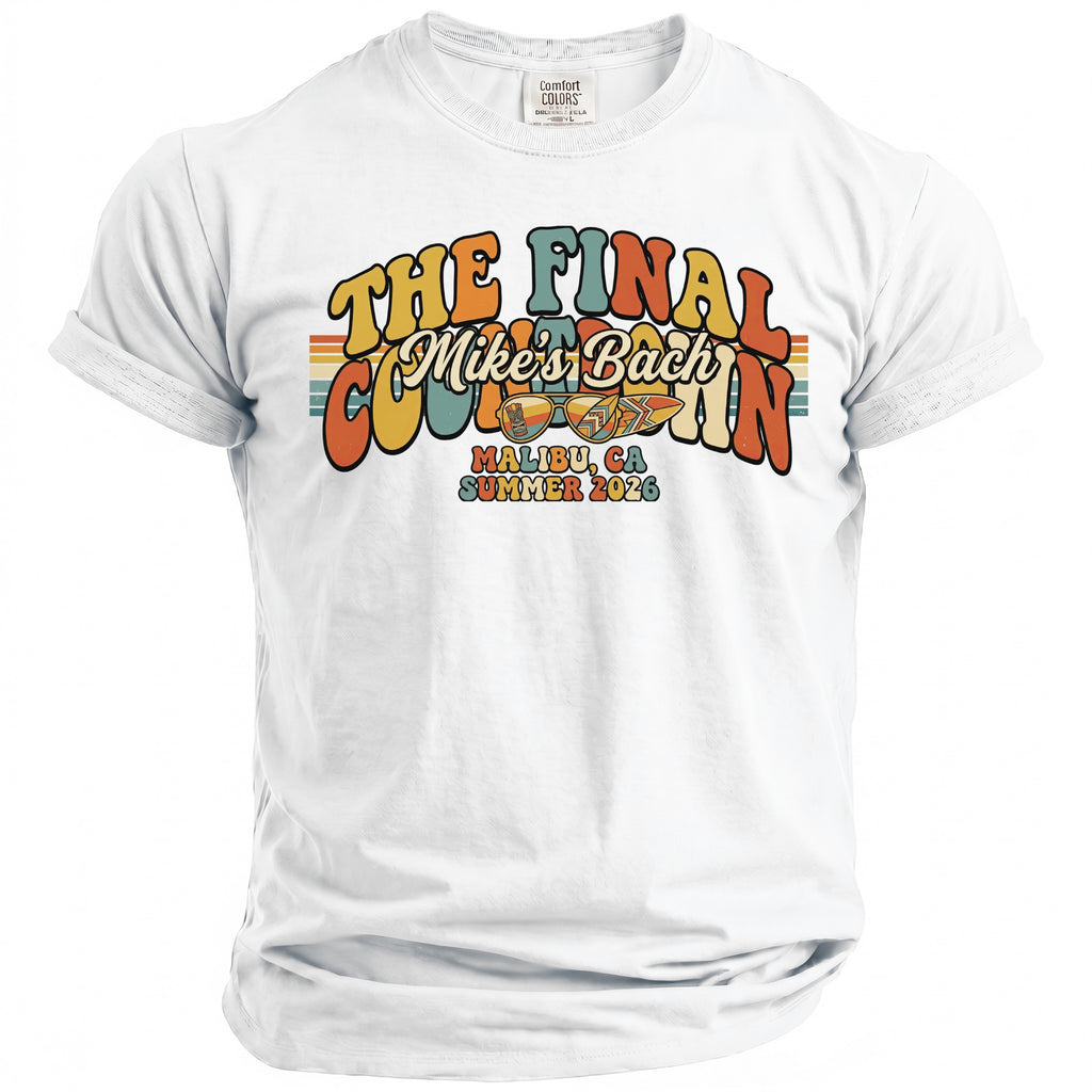 White T-shirt with "The Final Mike's Bach" in retro font, Malibu, CA Summer 2026.