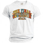 White T-shirt with "The Final Mike's Bach" in retro font, Malibu, CA Summer 2026.