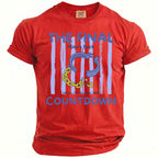 Red t-shirt with "THE FINAL Mike's Bach COUNTDOWN" text and broken handcuffs graphic.