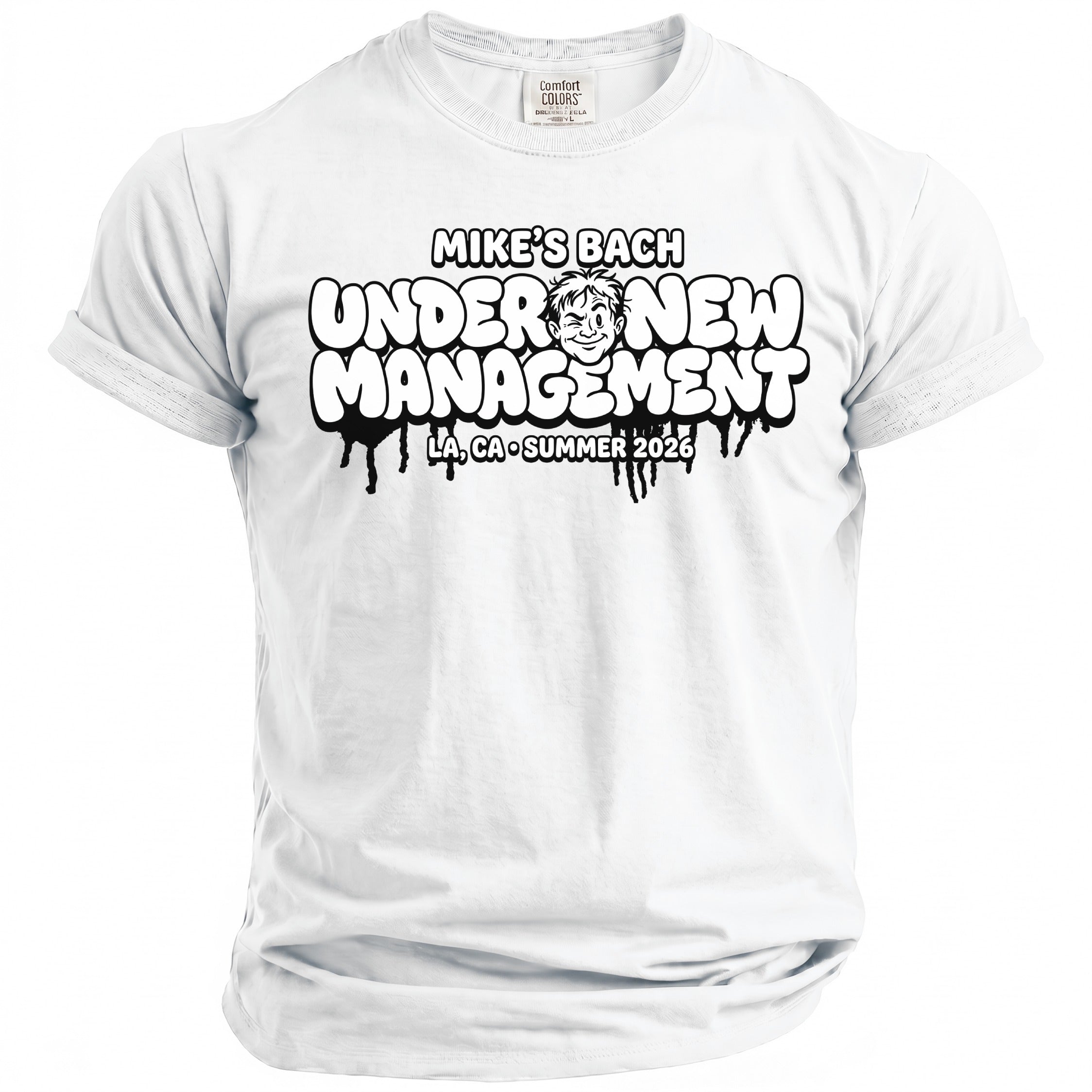 White t-shirt with black text and illustration reading "Mike's Bach Under New Management LA, CA Summer 2026".