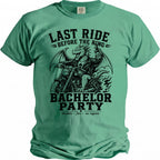 Dragon on motorcycle with beer saying "Last Ride Before the Ring Bachelor Party".