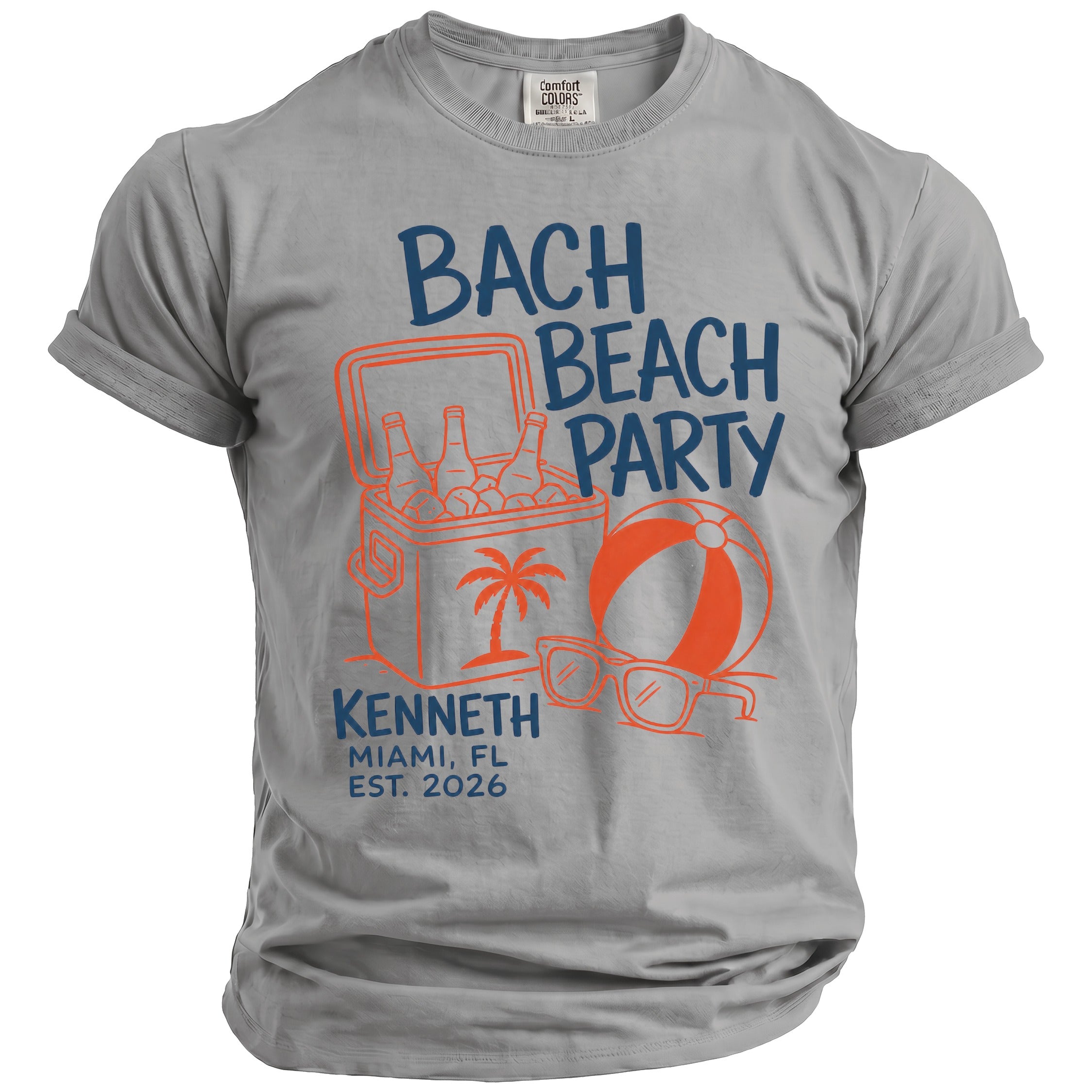 Comfort Colors grey tee with "Bach Beach Party" graphic, Kenneth, Miami, FL, Est. 2026.