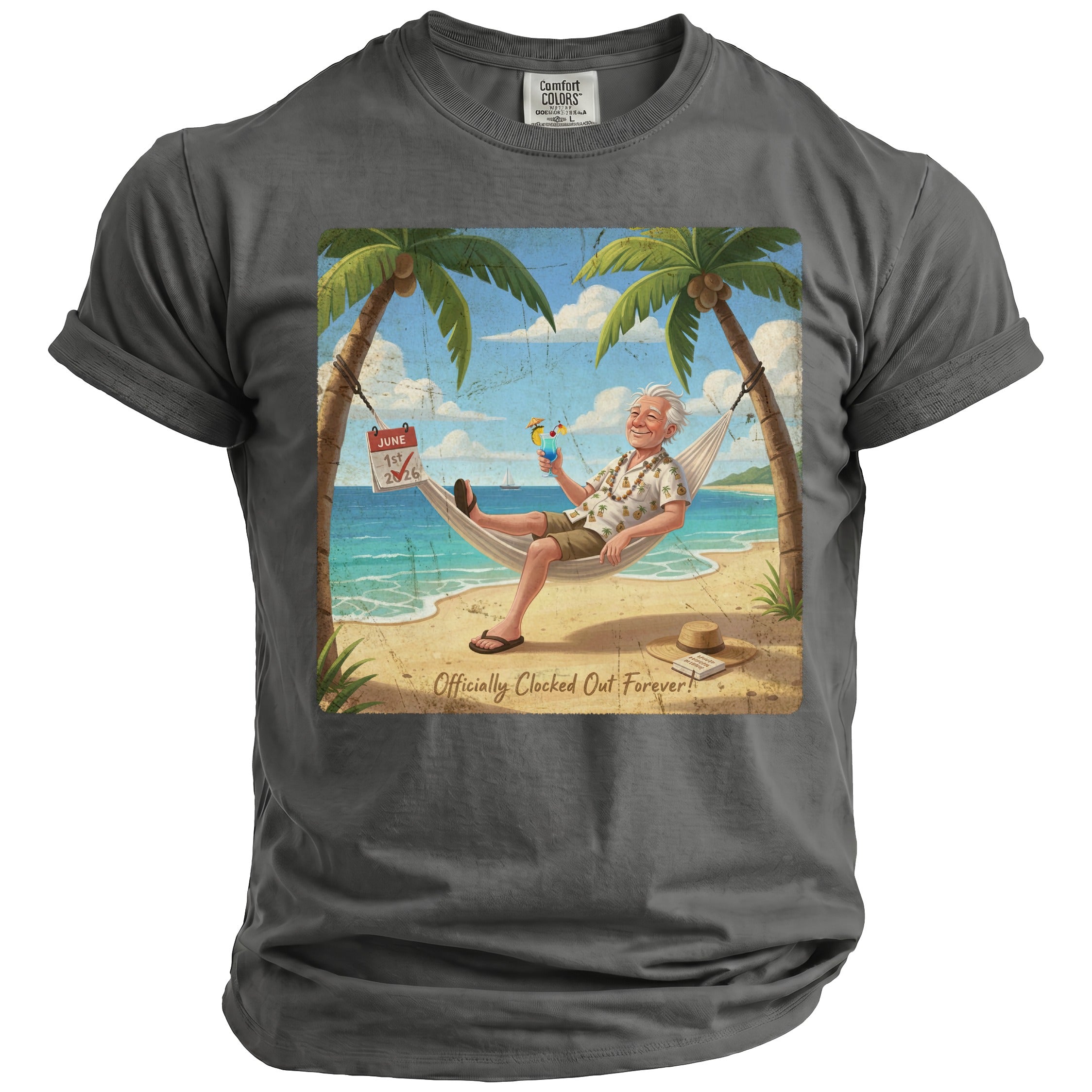 Man in hammock on beach holding drink, with calendar showing June 1, 2026.