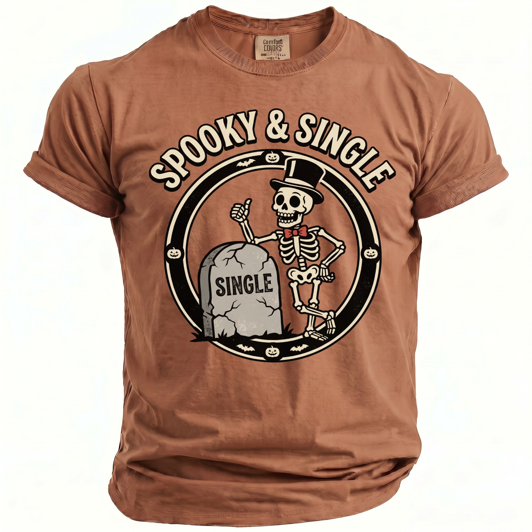 Brown t-shirt with skeleton and tombstone graphic saying "Spooky & Single."